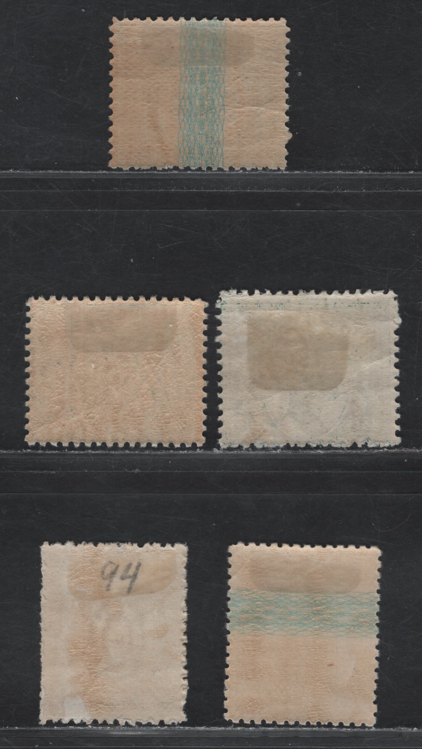 Lot 31D (C) Queensland SG#193, 206, 209, 219, 223 1/2d - 4d Green - Yellow Queen Victoria, 1890-1896 Queen Victoria Sidefaces Issue, 5 FOG Singles, Wmk 6 & 10, Perf 12.5, With & Without Moire On Back.