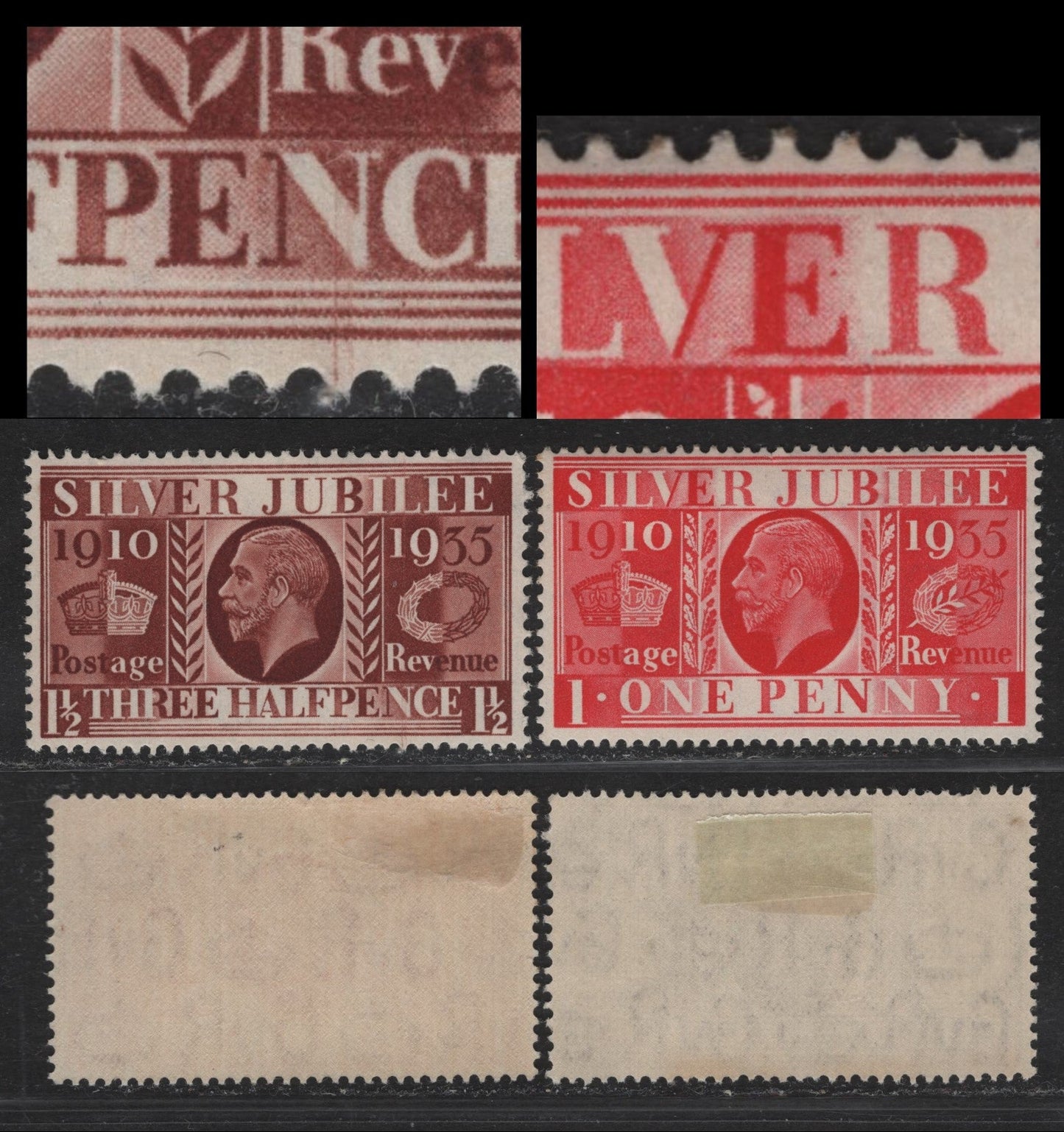 Lot 322 Great Britain SG#454var, 455var 1d & 1.5d Scarlet - Red Brown KGV & Windsor Castle, 1935 Silver Jubilee Issue, 2 VFOG Singles, Showing Dot After 'E' of Silver & Line Through N of Pence