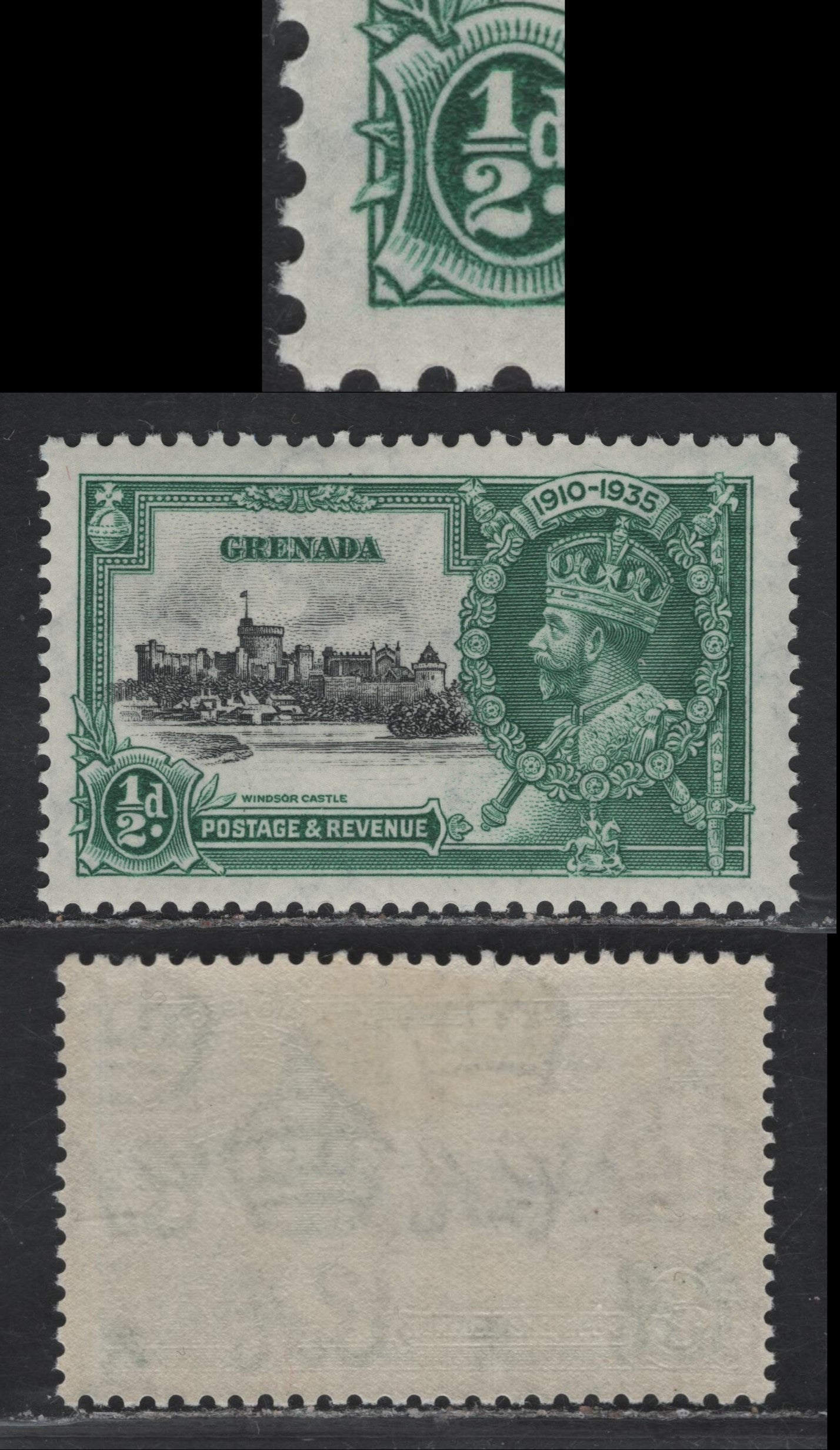 Lot 325 Grenada SG#145var 1/2d Black & Green KGV & Windsor Castle, 1935 Silver Jubilee Issue, A VFOG Single, Showing Major Re-entry in Which Most Elements Of The LL Part Of The value Tablet Is Doubled, Unlisted In gibbons