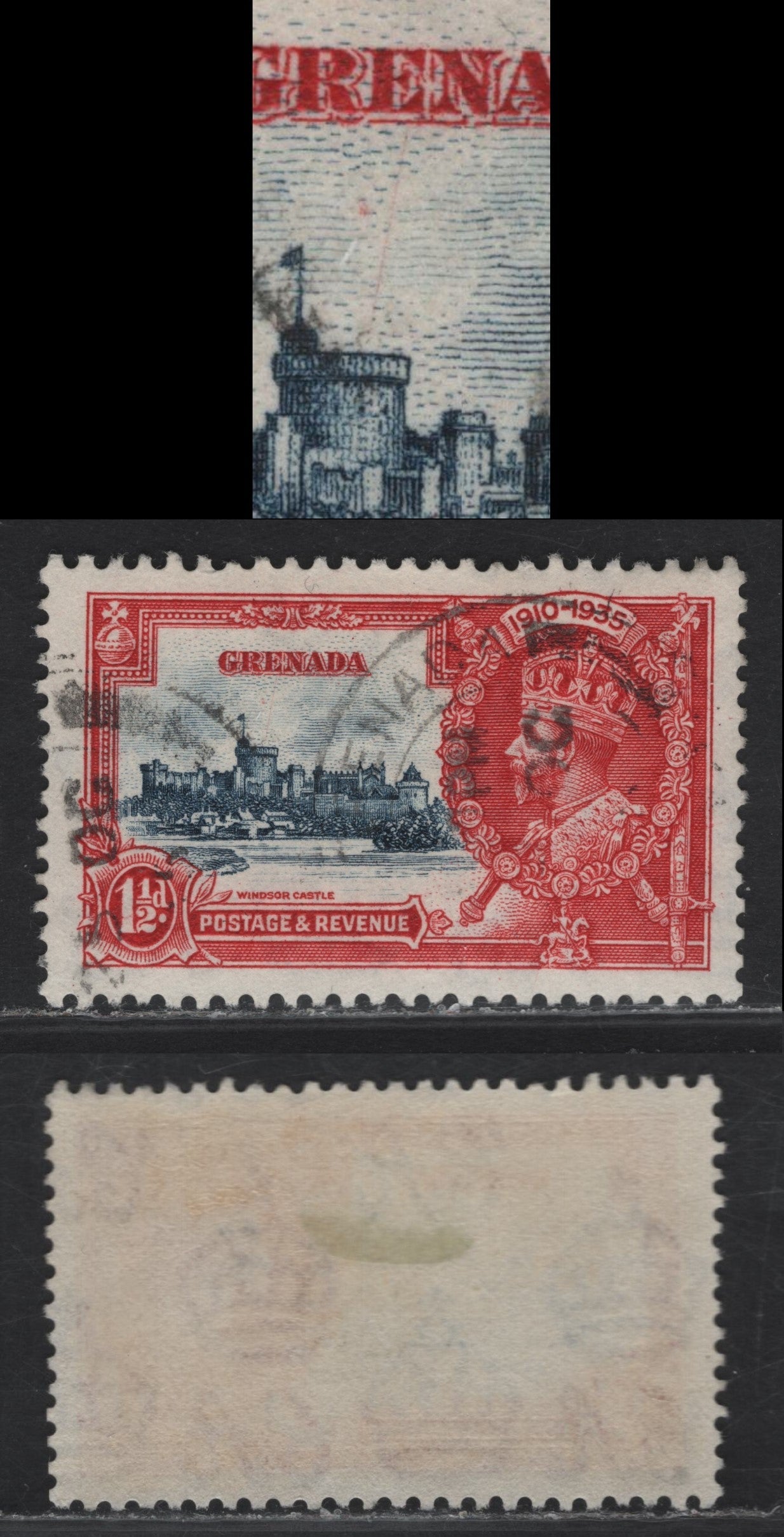 Lot 329 Grenada SG#147var 1.5d Deep Blue & Scarlet KGV & Windsor Castle, 1935 Silver Jubilee Issue, A VFOG Single, Diagonal Line From Round Tower Through 'E' of Grenada