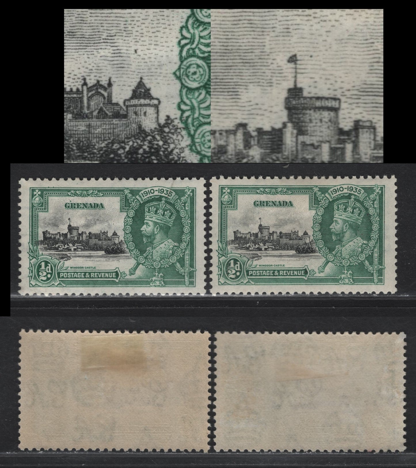 Lot 331 Grenada SG#145var 1/2d Black & Myrtle Green KGV & Windsor Castle, 1935 Silver Jubilee Issue, 2 VFOG Singles, Minor Varieties Of The Vignette, Which May Or Not Be Constant