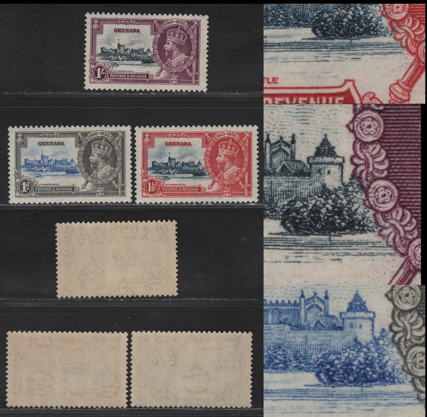 Lot 334 Grenada SG#146-148 1d - 1/- Ultramarine & Gray - Slate & Purple KGV & Windsor Castle, 1935 Silver Jubilee Issue, 3 VFOG Singles, Showing Constant 'Buoy' In Water Below Jacob's Meadow