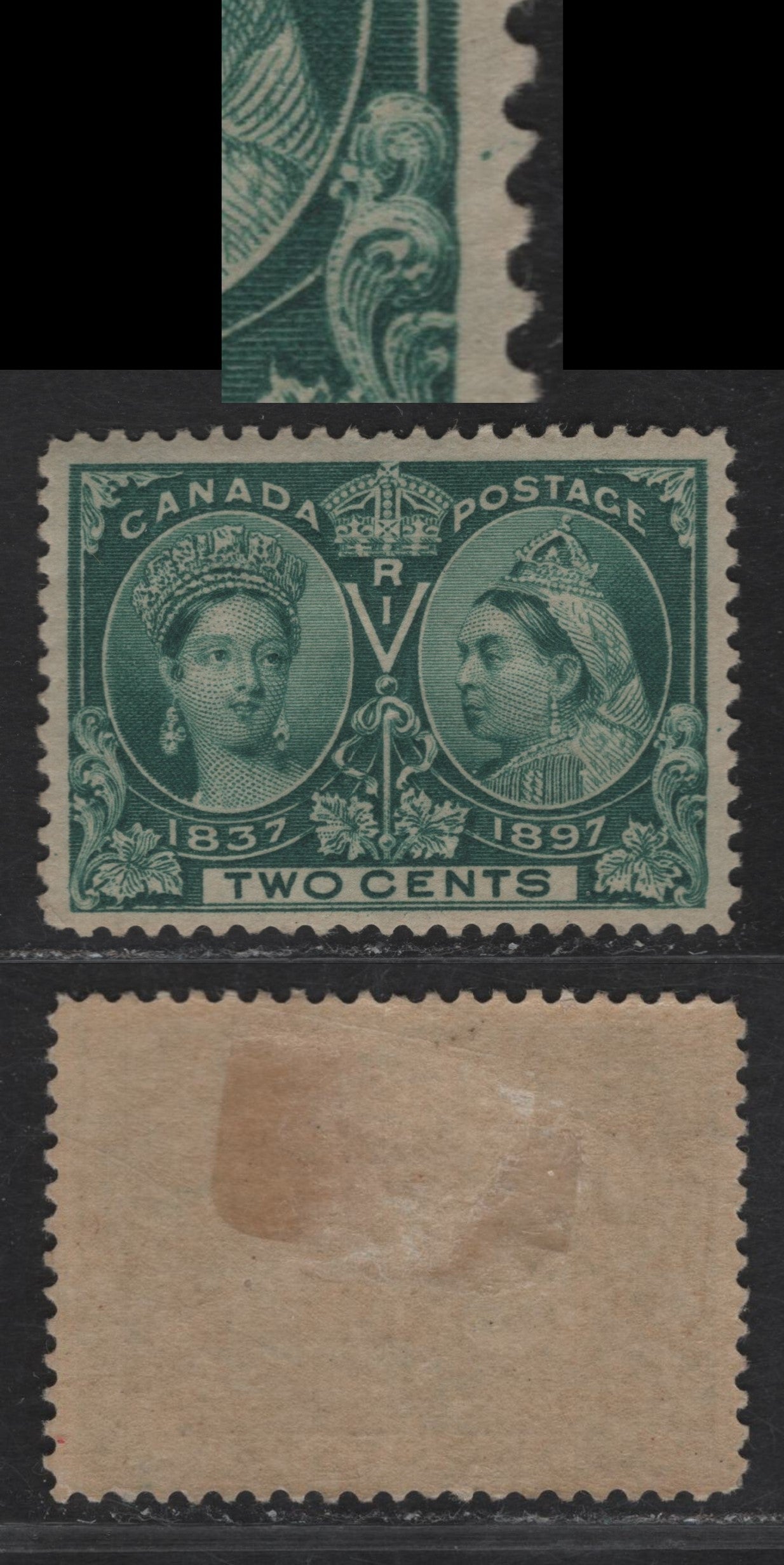 Lot 63A (C) Canada #52i 2c Deep Bluish Green Queen Victoria, 1897 Diamond Jubilee Issue, A VFOG Single, Paper ABN-U, Perf 12x11.9, Showing Position Dot In Right Margin.