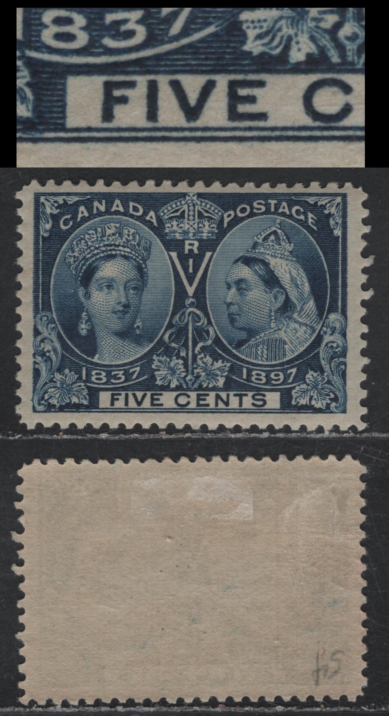 Lot 71 (C) Canada #54var 5c Dark Blue Queen Victoria, 1897 Diamond Jubilee Issue, A VFOG Single, Paper ABN-U, Perf 11.9, Showing Slight Doubling Of 'Five', Unlisted In Unitrade.