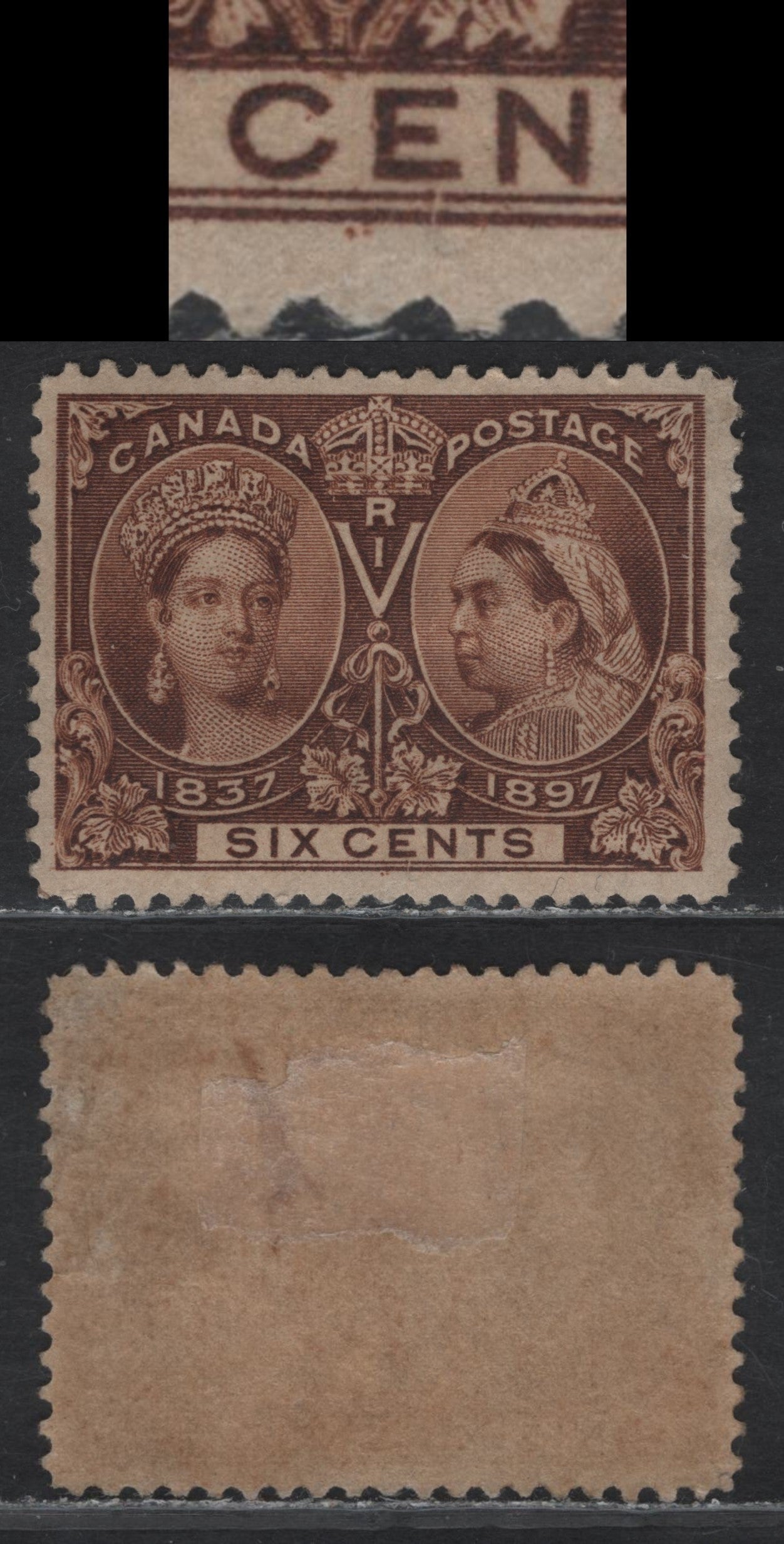 Lot 76 (C) Canada #55 6c Deep Yellow Brown Queen Victoria, 1897 Diamond Jubilee Issue, A Very Fine Regummed Single, Paper ABN-W, Perf 11.9x12, Showing A Dot In Margin Under CE of Cents, Professionally Regummed.