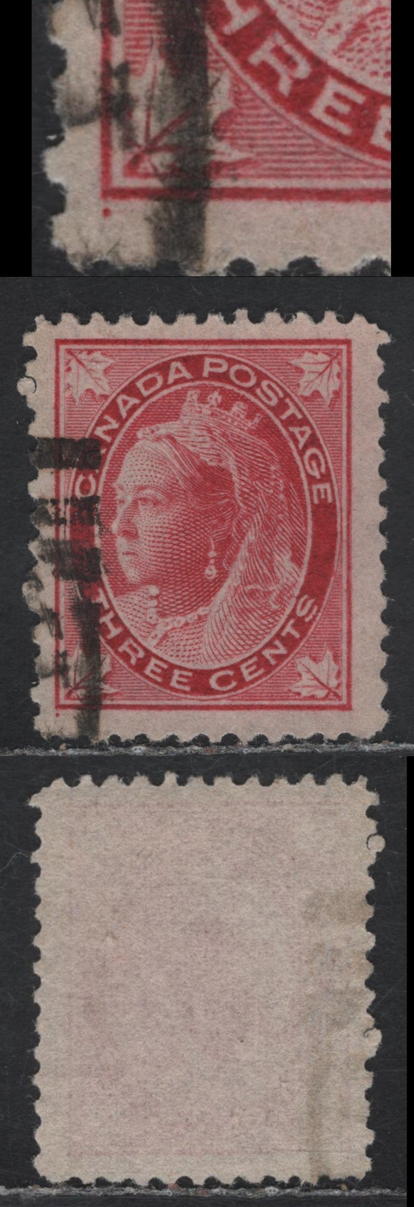 Lot 98A (C) Canada #69var 3c Bright Carmine Queen Victoria, 1897-1898 Maple Leaf Issue, A Very Fine Used Single, Unlsited Thin Paper, Showing Guide Dot In LL Corner, Similar To The One Listed On The 5c Value, Perf 12x11.9, Design Size 16.75x20.8mm.