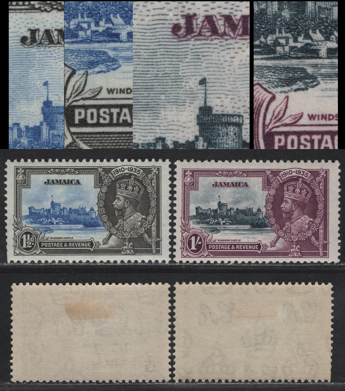 Lot 148 Jamaica SG#115var, 117var 1.5d - 1/- Ultramarine & Gray Black - Slate & Purple KGV & Windsor Castle, 1935 Silver Jubilee Issue, 2 F/VFOG Singles, Showing Pair Of Hairlines Through J of Jamaica, State Apartments & OS of Postage