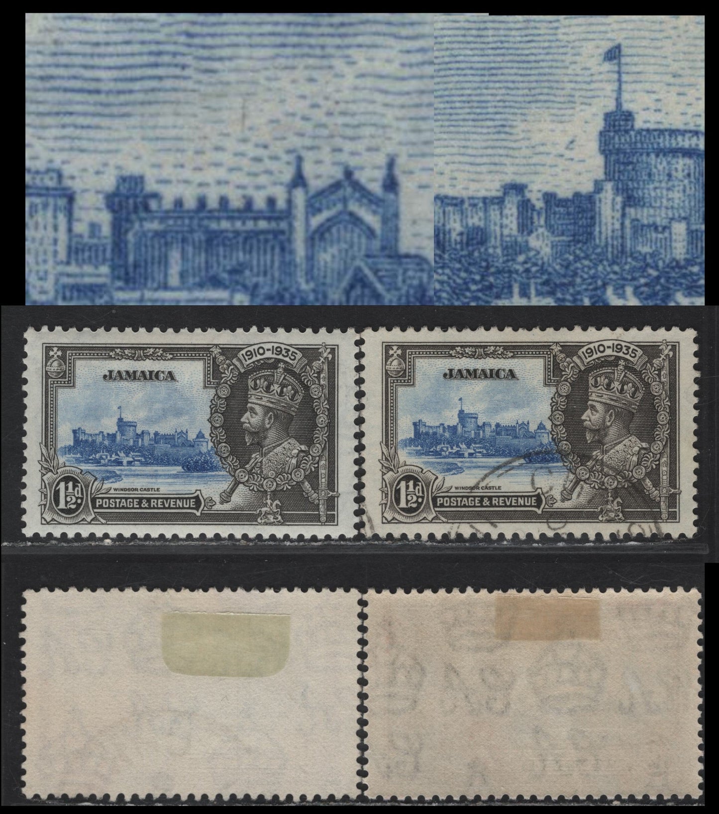 Lot 153 Jamaica SG#115var, 117var 1.5d Ultramarine & Gray Black KGV & Windsor Castle, 1935 Silver Jubilee Issue, 2 VFOG Singles, Vignette Plate Flaws, Potentially Constant