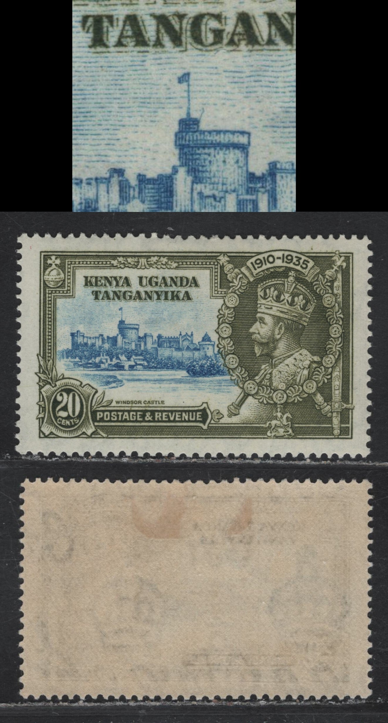 Lot 157 K.U.T SG#124var 20c Light Blue & Olive Green KGV & Windsor Castle, 1935 Silver Jubilee Issue, A VFOG Single, Lightning Rod On Flagstaff Base, Unlisted & Unused As To Whether This Is Constant