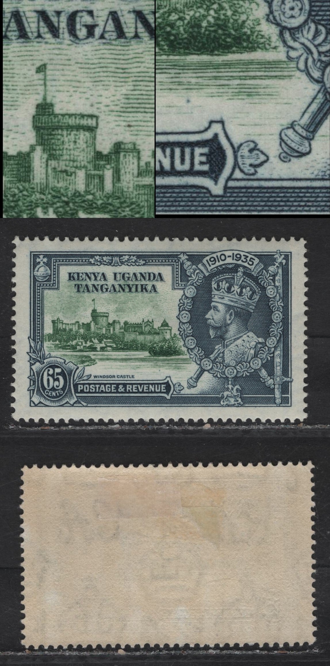 Lot 162 K.U.T SG#126var 65c Green & Indigo KGV & Windsor Castle, 1935 Silver Jubilee Issue, 2 VFOG Singles, Showing Vignette Varieties, Which May Or May Not Be Constant
