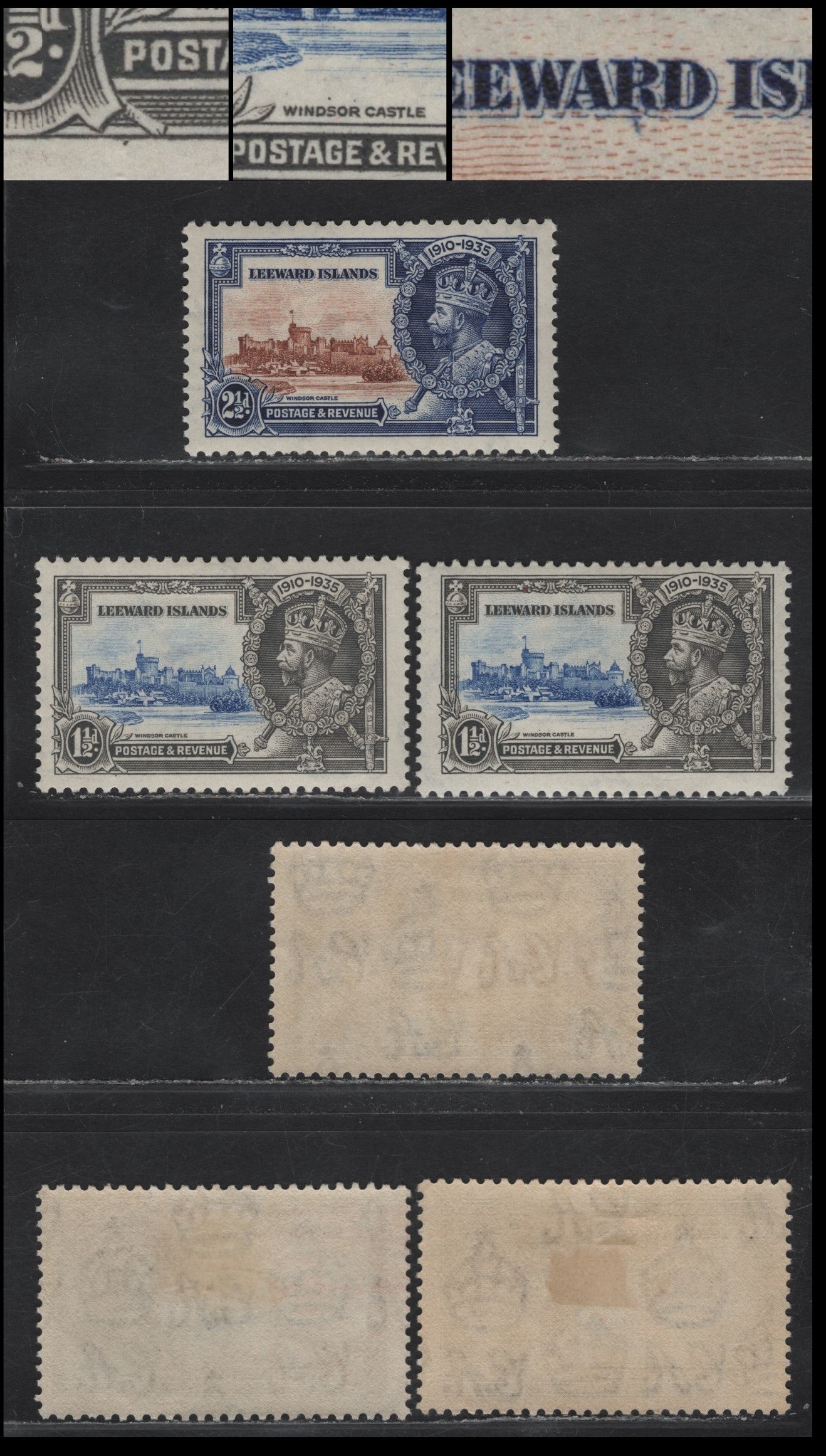 Lot 173 Leeward Islands SG#89var, 90var 1.5d - 2.5d Ultramarine & Gray - Yellow Brown & Deep Blue KGV & Windsor Castle, 1935 Silver Jubilee Issue, 3 F/VFOG Singles, Showing Frame Plate Varieties, Which May or May Not Be Constant