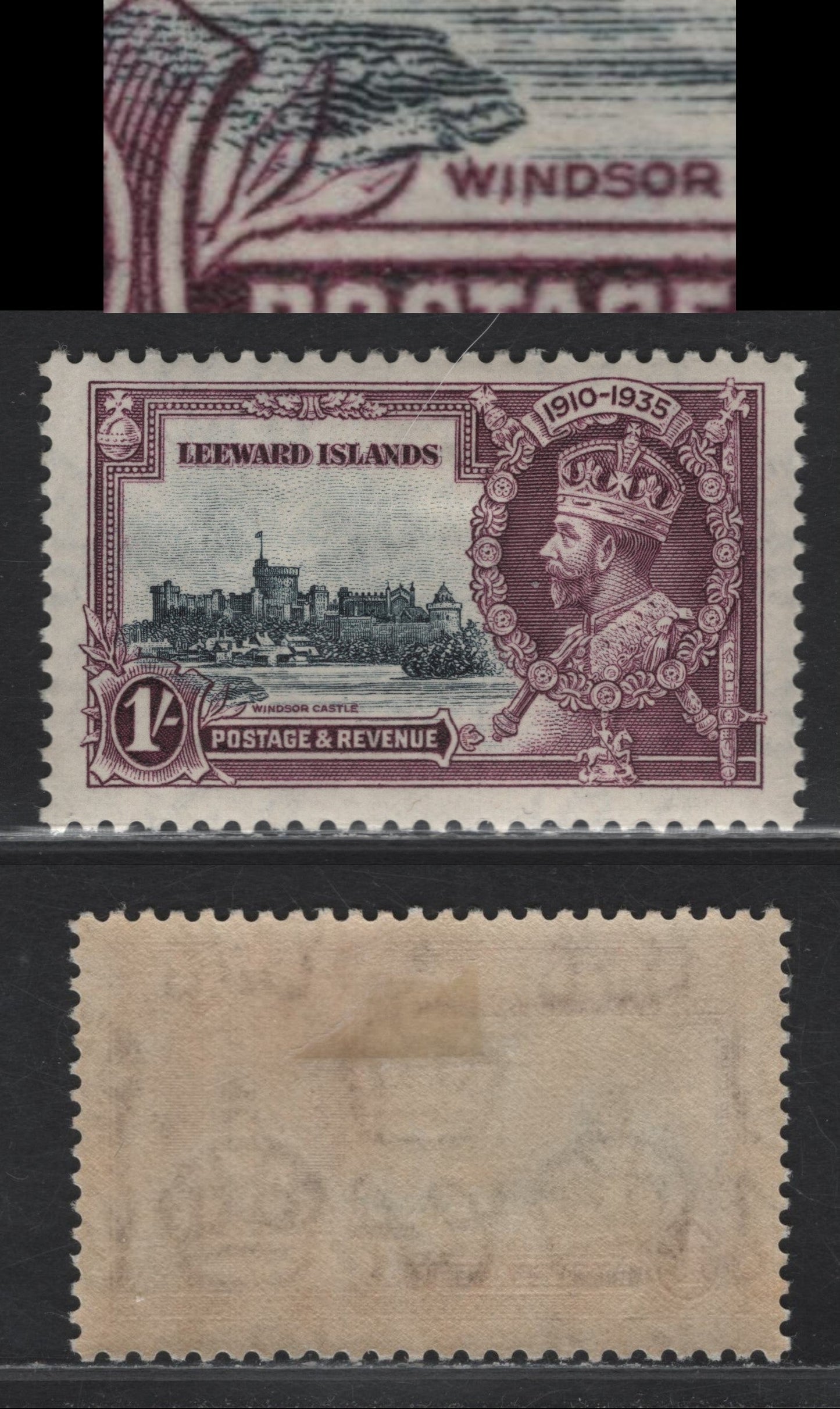 Lot 174 Leeward Islands SG#91 1/- Slate & Purple KGV & Windsor Castle, 1935 Silver Jubilee Issue, A VFOG Singles, Spur On W Of Windsor, Constant, As I Have Seen This On Other Waterlow Printing