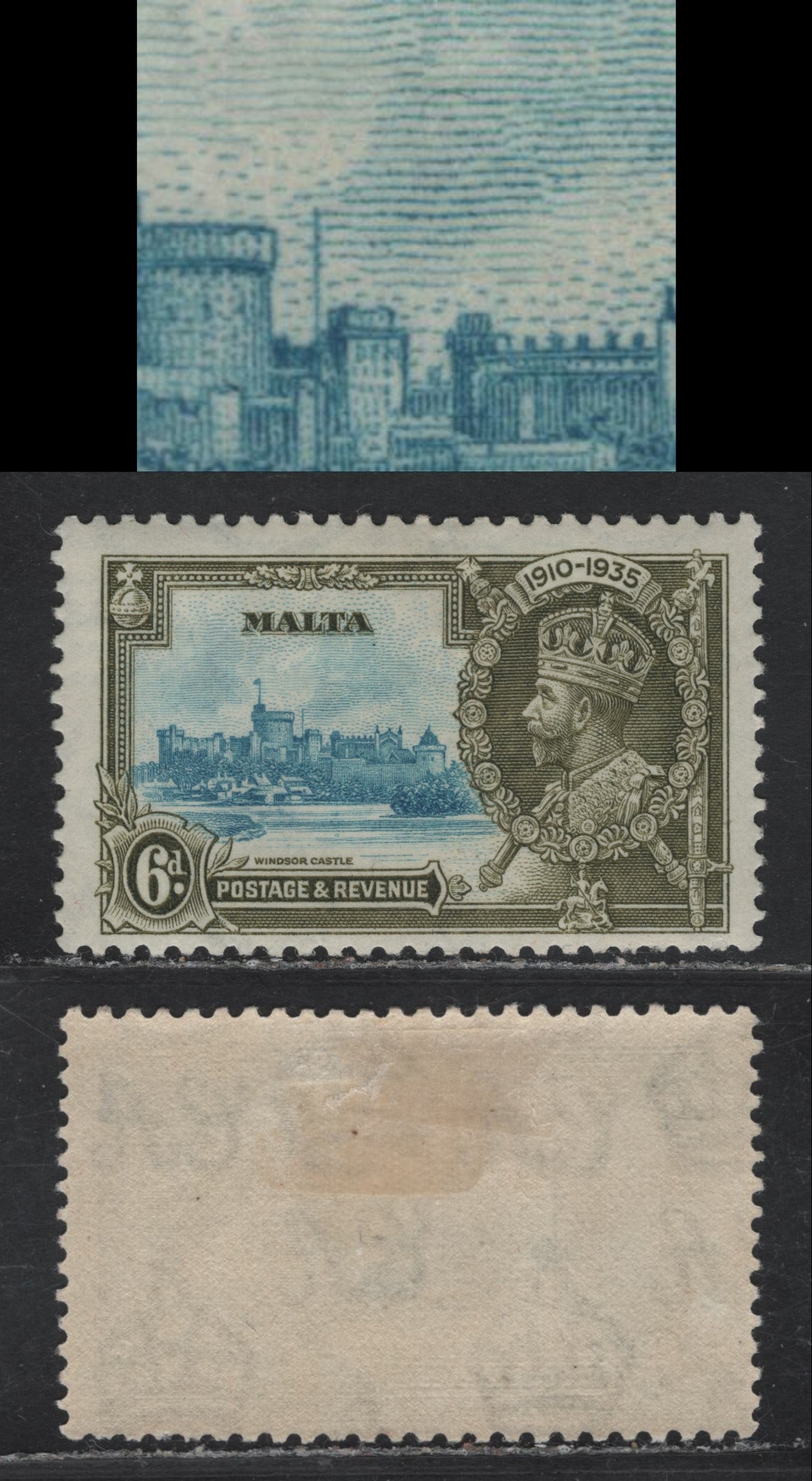 Lot 175 (C) Malta SG#212a 6d Light Blue & Sage Green KGV & Windsor Castle, 1935 Silver Jubilee Issue, A FOG Single, Showing Extra Flagstaff