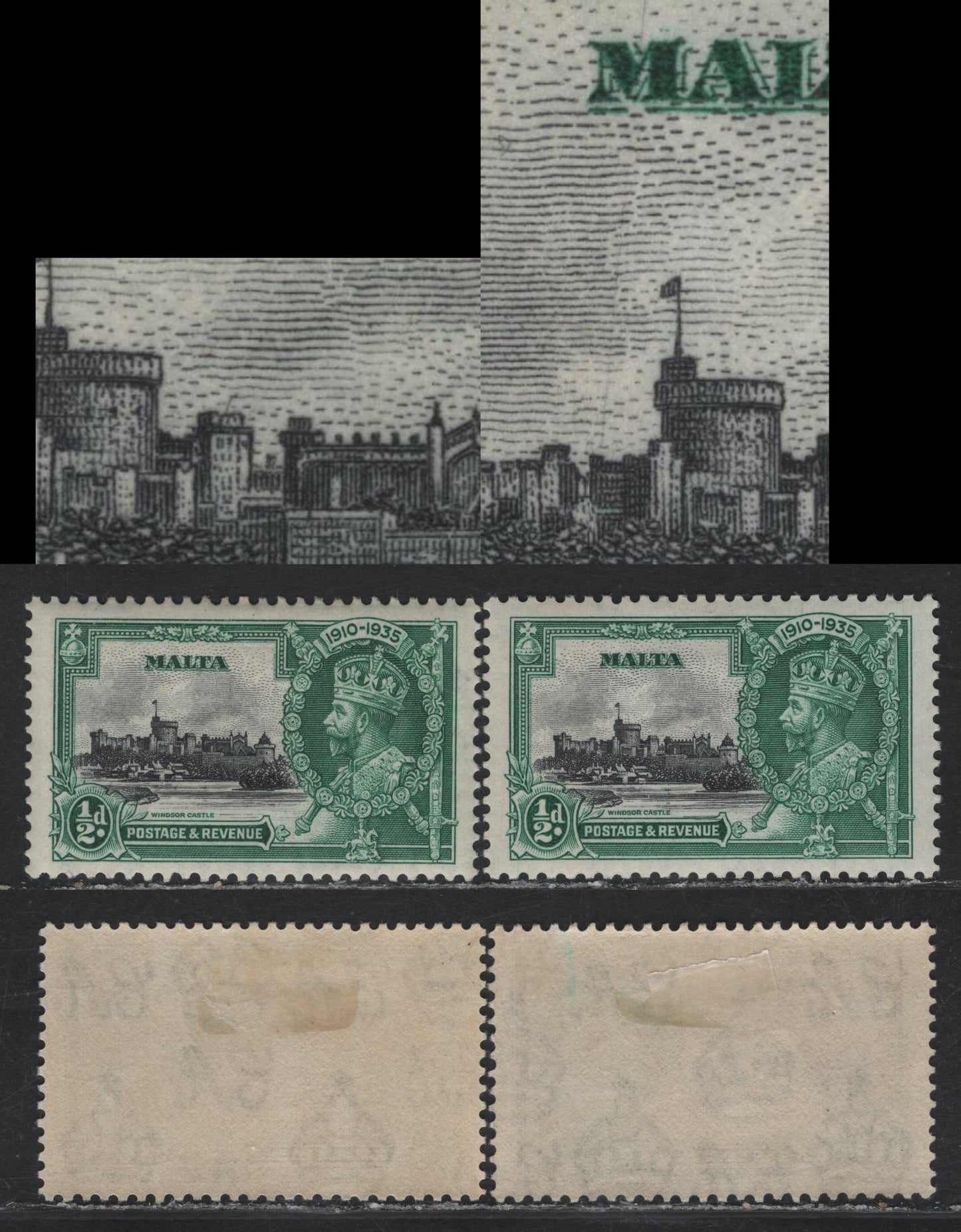 Lot 186 Malta SG#210 1/2d Black & Blue Green KGV & Windsor Castle, 1935 Silver Jubilee Issue, 2 VFOG Singles, Showing Vignette Plate Varieties