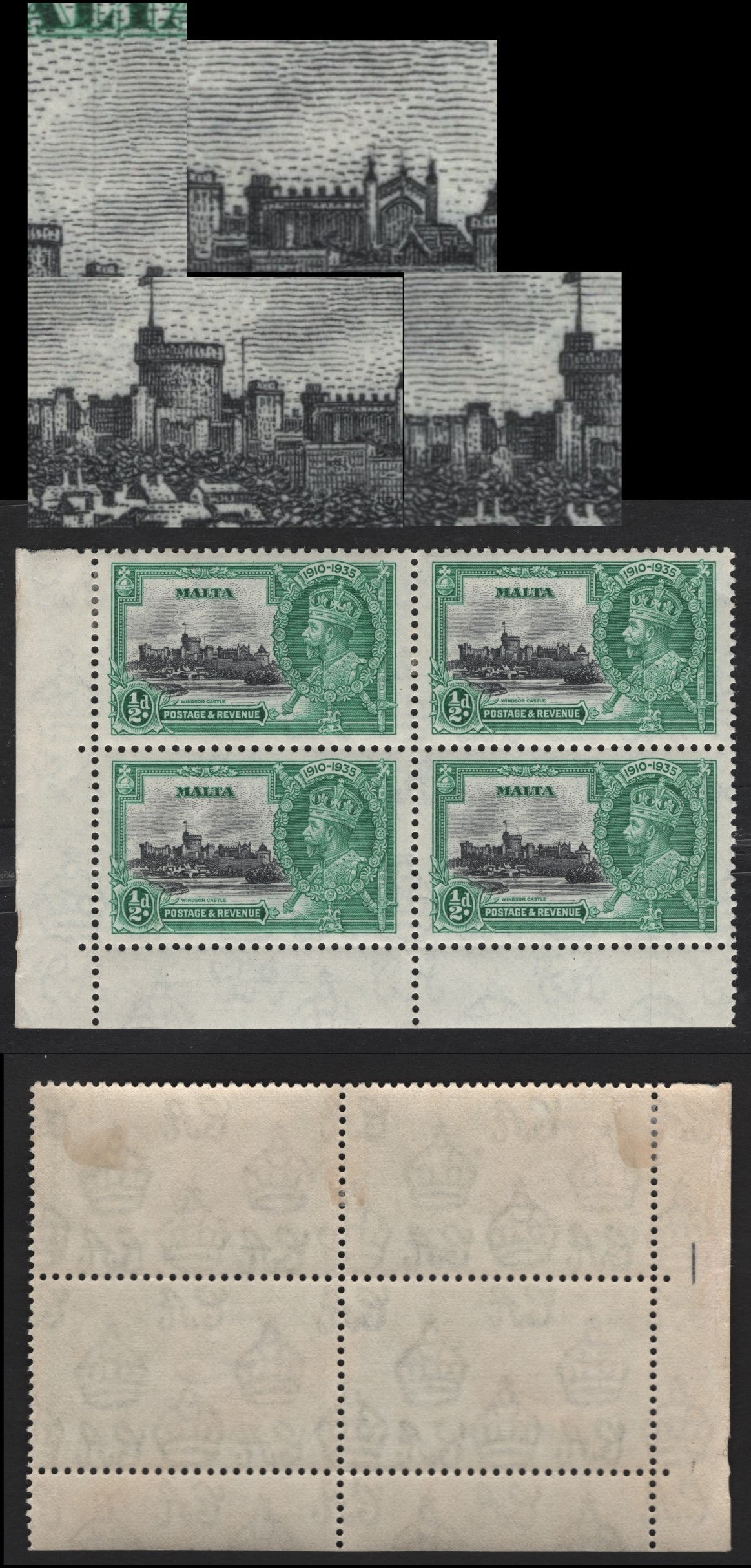Lot 190 (C) Malta SG#210a 1/2d Black & Blue Green KGV & Windsor Castle, 1935 Silver Jubilee Issue, A VFOG/NH LL Corner Block, Extra Flagstaff On The UL Stamp (R9/1)