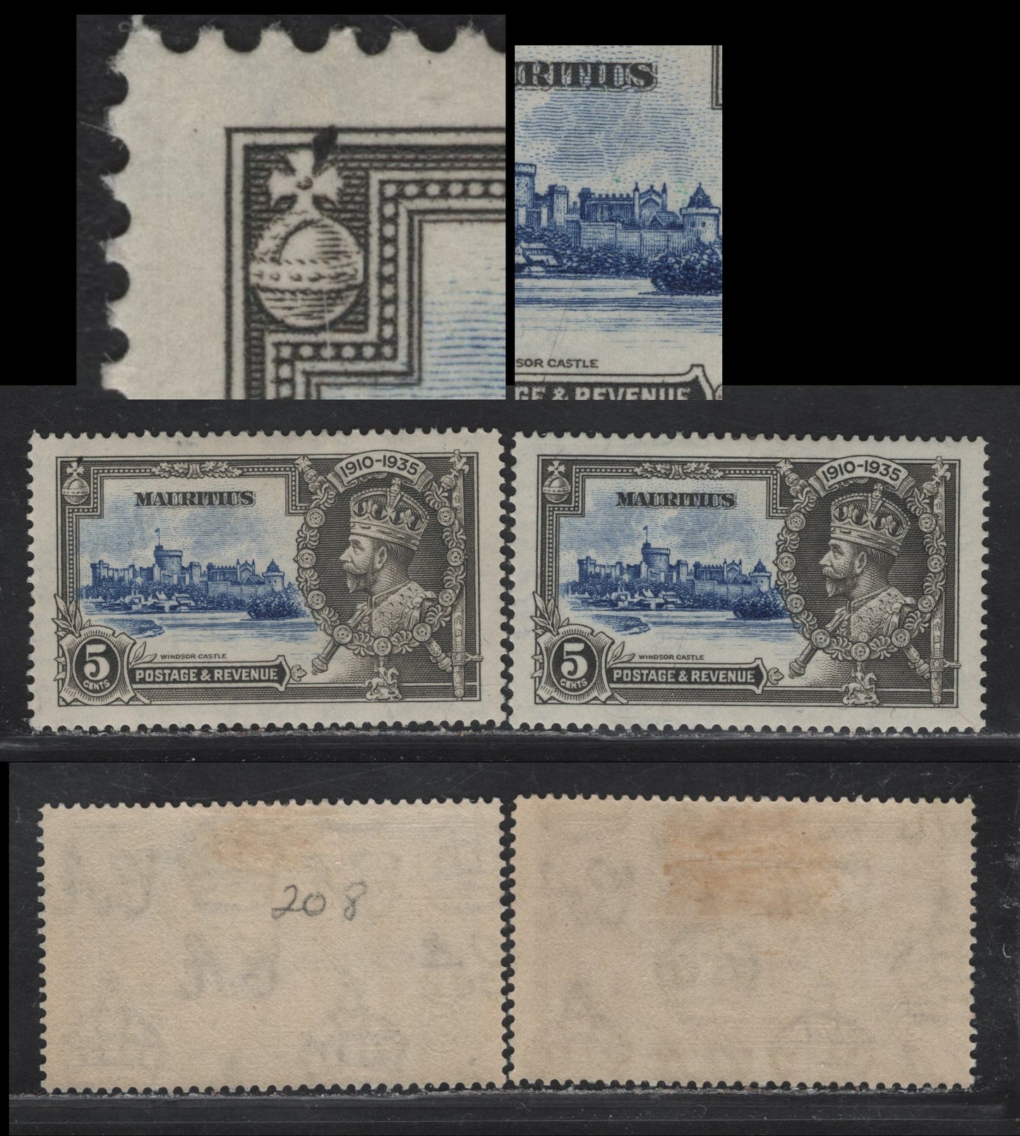 Lot 201 Mauritius SG#245var 5c Ultramarine & Gray KGV & Windsor Castle, 1935 Silver Jubilee Issue, 2 VFOG Singles, Both Showing Vignette Plate Varieties
