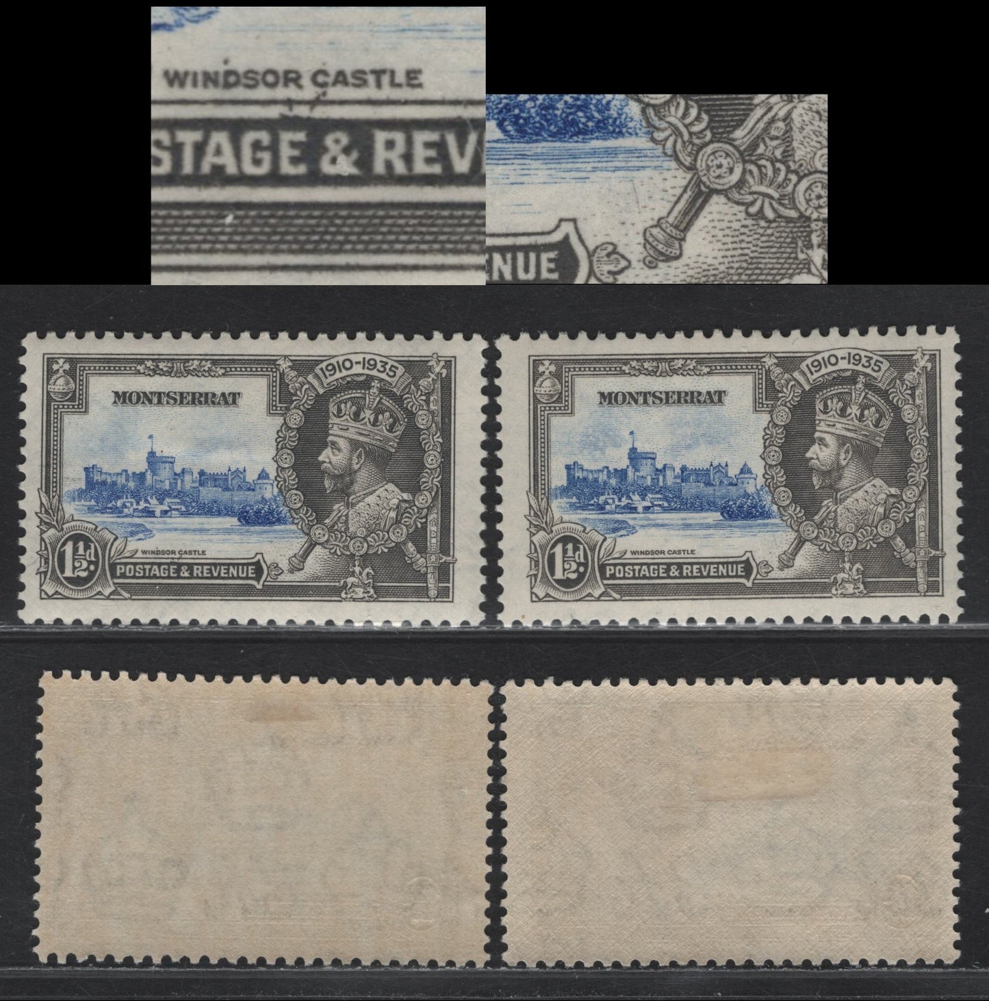 Lot 214 Montserrat SG#95var 1.5d Ultramarine & Gray KGV & Windsor Castle, 1935 Silver Jubilee Issue, 2 FOG Single
