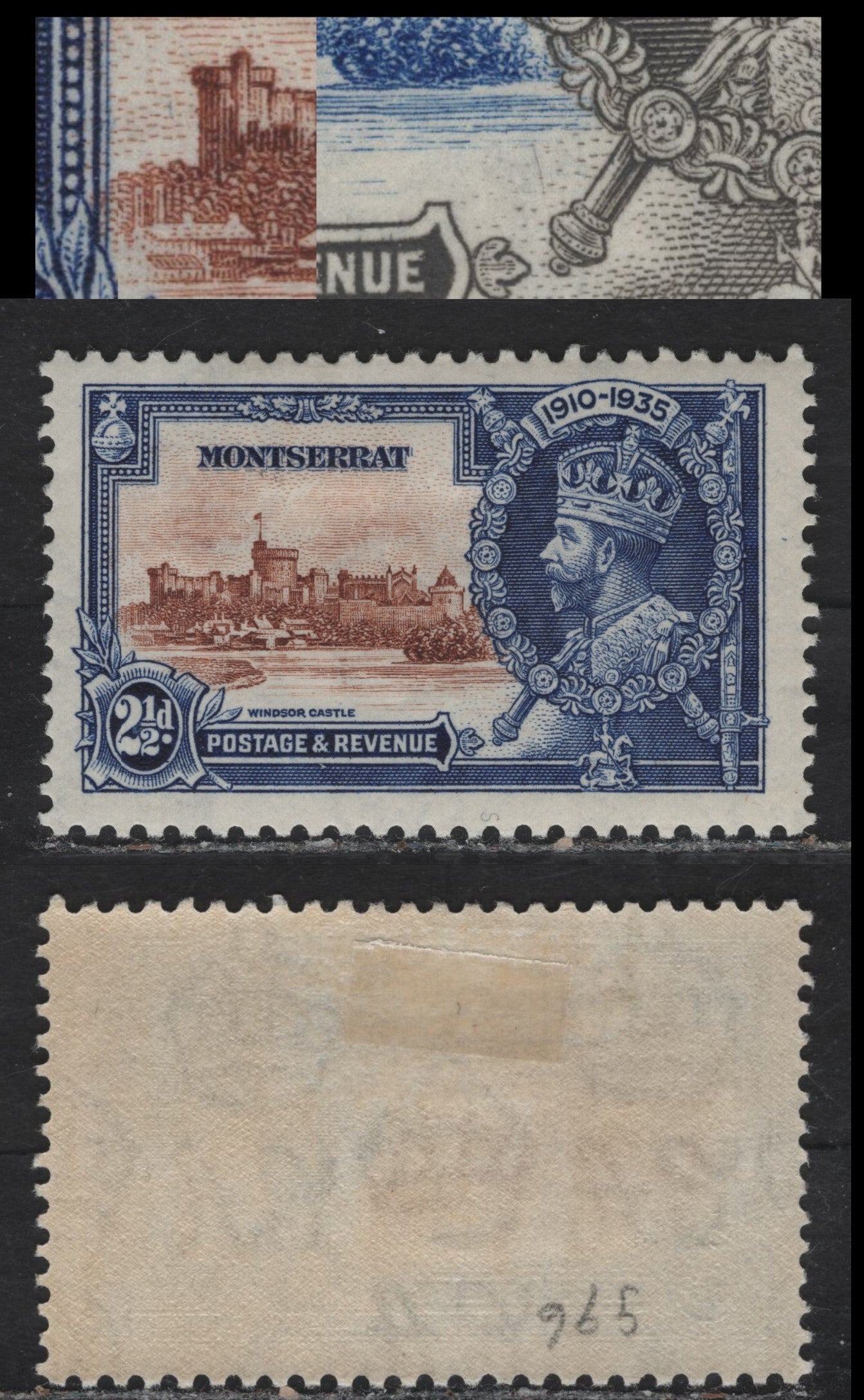 Lot 215 Montserrat SG#96var 2.5d Chestnut Brown & Deep Blue KGV & Windsor Castle, 1935 Silver Jubilee Issue, A VFOG Single