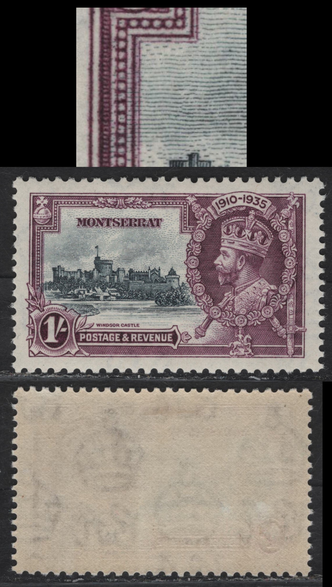 Lot 217 Montserrat SG#97var 1/- Slate & Purple KGV & Windsor Castle, 1935 Silver Jubilee Issue, A VFOG Single, Showing Re-Entry Of Inner Frameline Below Orb