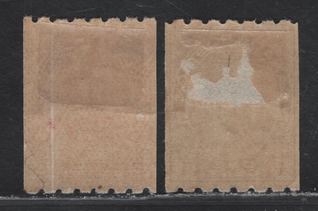Lot 230 (C) Canada #123-124 1c - 2c Blue Green - Rose Carmine King George V, 1913 Admiral Coil Issue, 2 VG/FOG Singles, Perf 8 Horizontal, Papers ABN-A & ABN-B, Rotary Wheel, Very Weakly Retouched & Weakly Retouched Framelines.