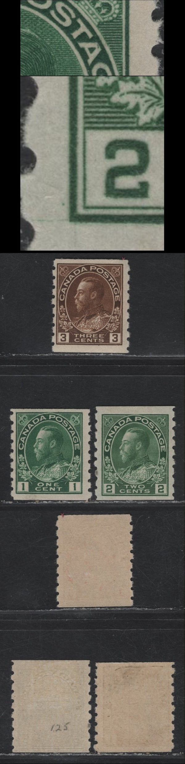 Lot 232 (C) Canada #125, 128i, 129 1c - 3c Green - Brown King George V, 1912-1924 Admiral Coil Issue, 3 FOG Singles, Perf 8 Vertical, Different Papers