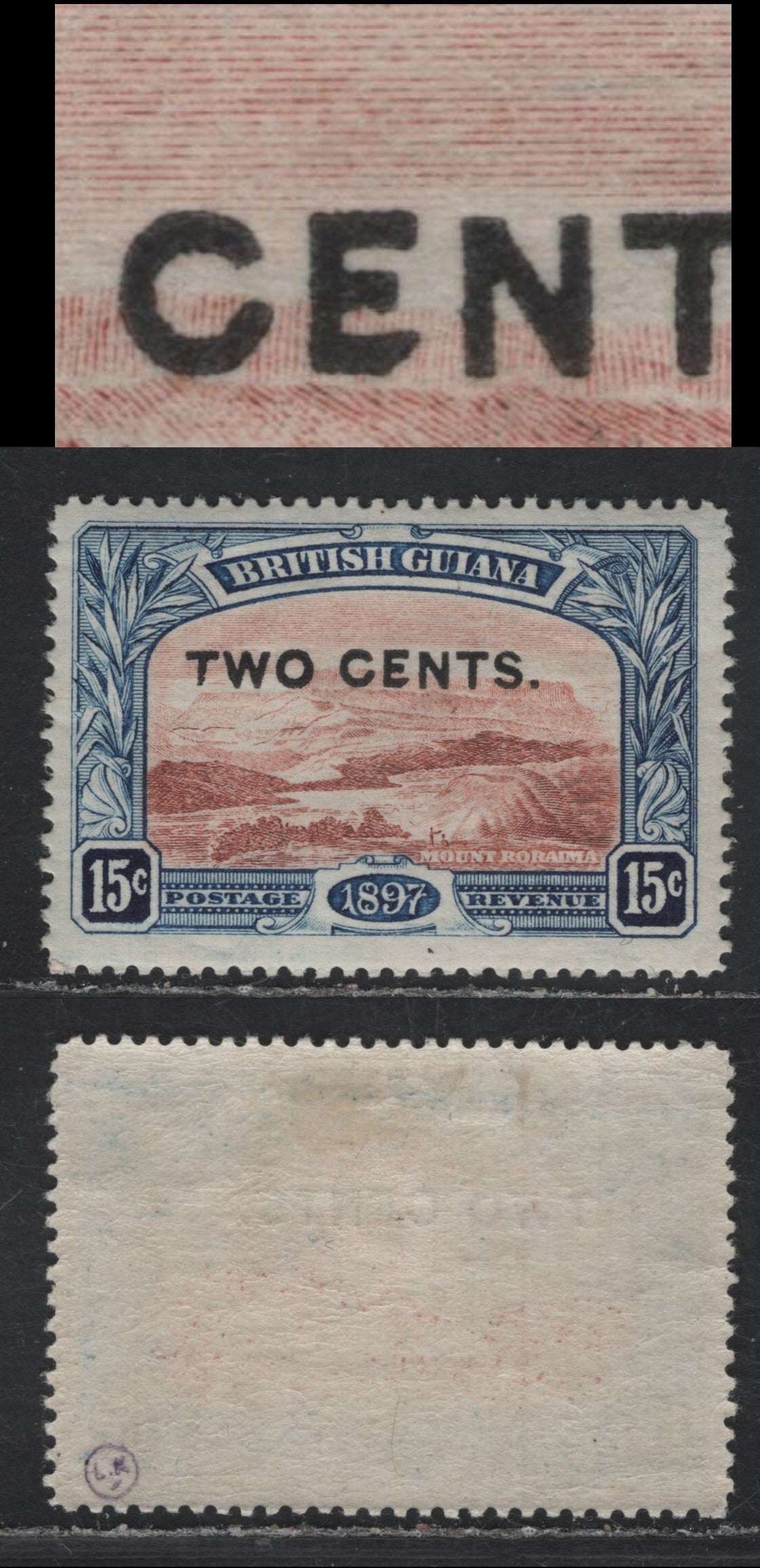 Lot 43 British Guiana SG#224f 2c on 15c Red Brown & Blue Mount Roraima, 1899 Surcharged Issue, A VFOG Single, Showing The 'Shaved E' From R 6/2
