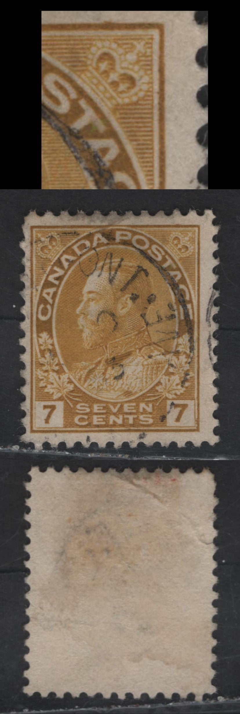 Lot 169 (C) Canada #113iii 7c Yellow Ochre King George V, 1911-1925 Admiral Issue, A Fine Used Single, Paper ABN-E, Retouched Frameline, Perf 11.9, Small Tear In Left Margin.