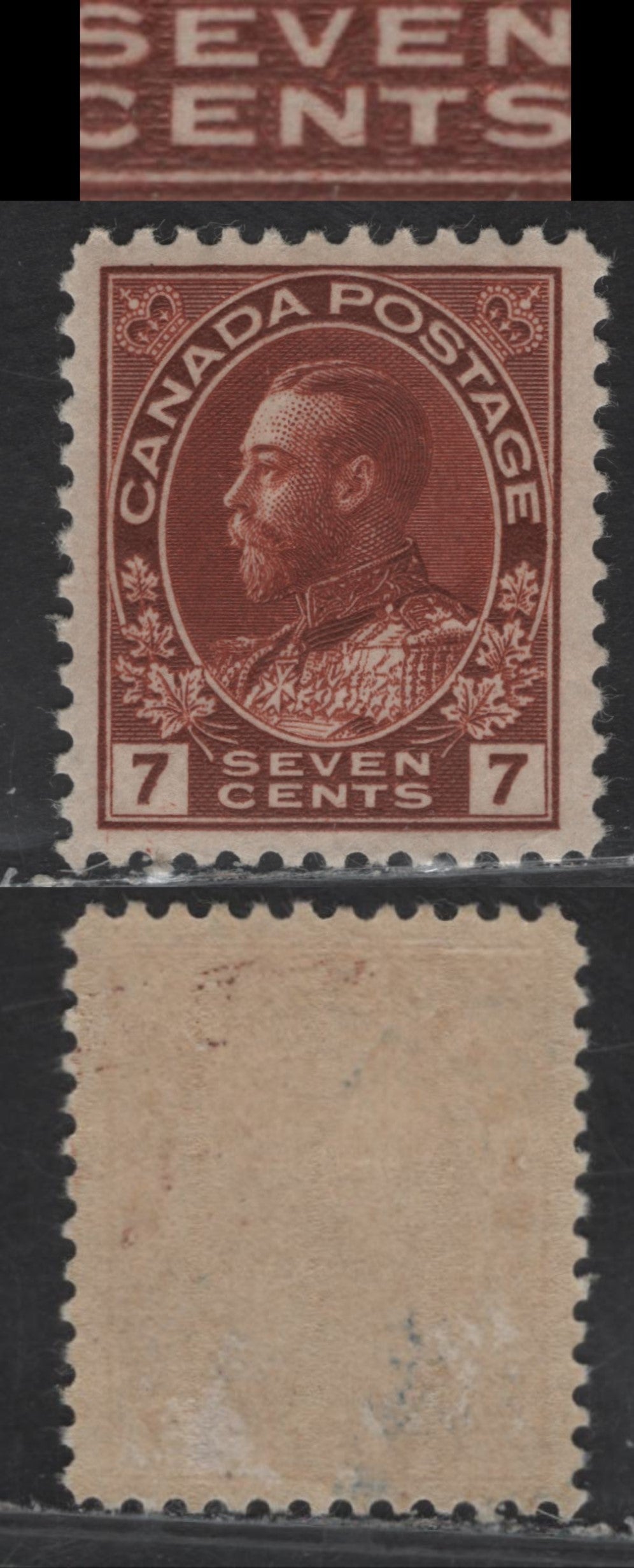 Lot 174 (C) Canada #114iv 7c Bright Lake Brown King George V, 1911-1925 Admiral Issue, A VFOG Single, Paper ABN-E, Very Weakly Retouched Frameline, Perf 11.9, Diagonal Line In N Of Cents.