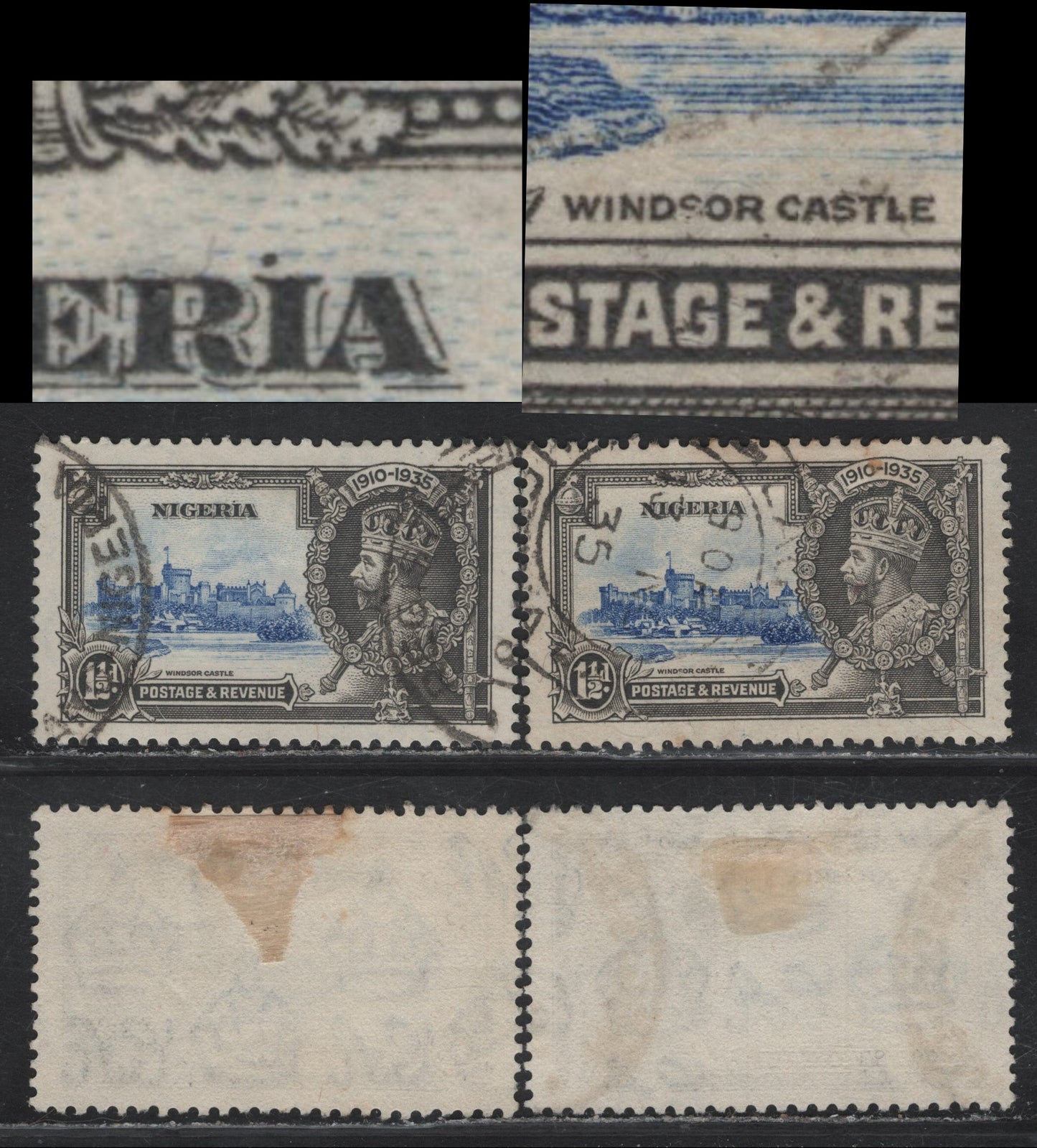 Lot 230 Nigeria SG#30var 1.5d Ultramarine & Gray KGV & Windsor Castle, 1935 Silver Jubilee Issue, 2 Very Fine Used Singles, Showing 2 Varieties Of The Frame Plate, Which May Eventually Prove To Be Constant