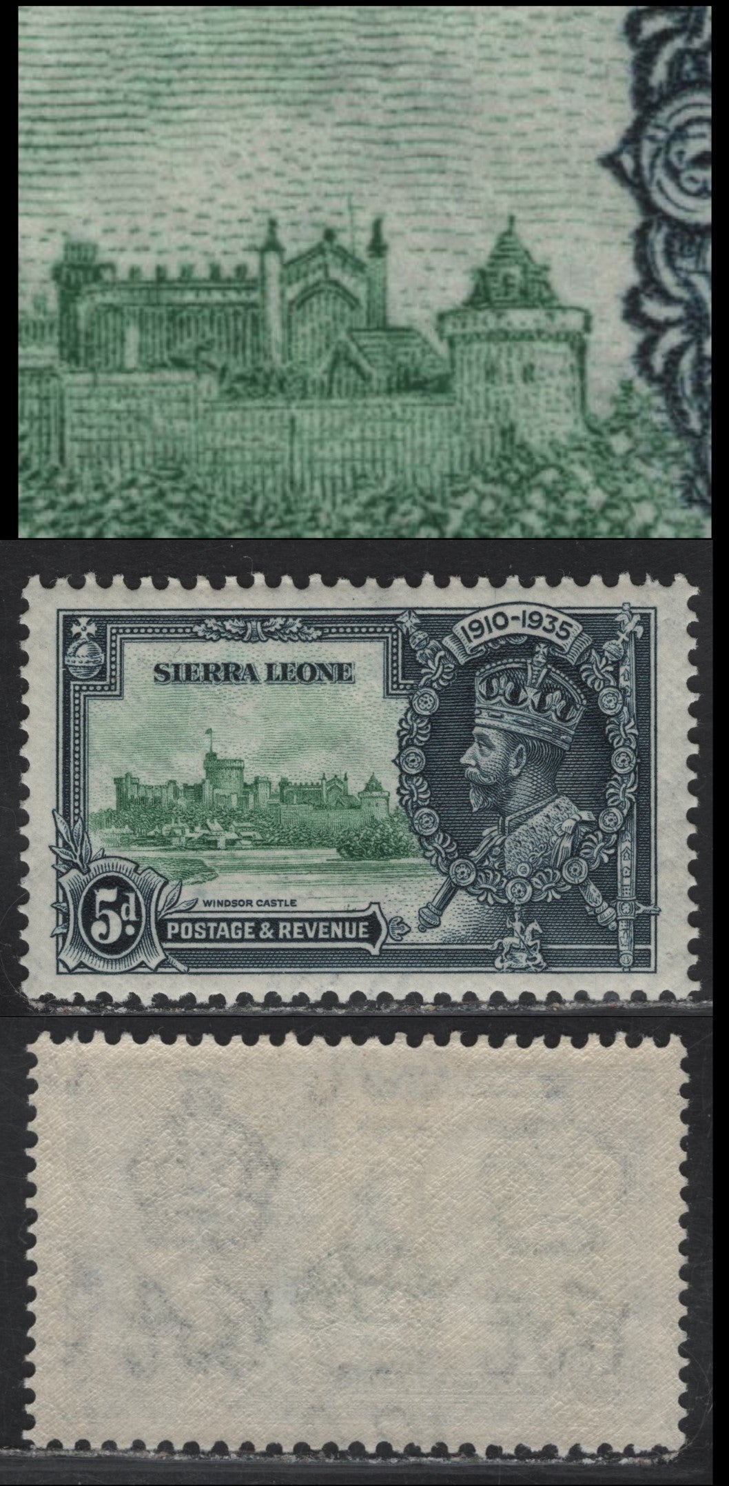 Lot 290 Sierra Leone SG#183cvar 5d Green & Indigo KGV & Windsor Castle, 1935 Silver Jubilee Issue, A VFOG Single, Lightning Conductor, Plate 3, R 2/5 On Unlisted Thin Paper