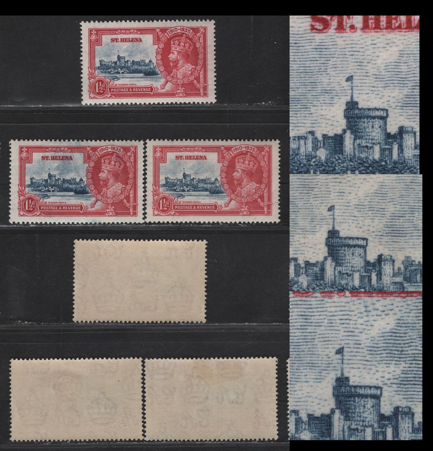 Lot 103 St Helena SG#124var 1.5d Deep Blue & Carmine KGV & Windsor Castle, 1935 Silver Jubilee Issue, 2 VFOG Singles, Vignette Plate Flaws Which Are Constant