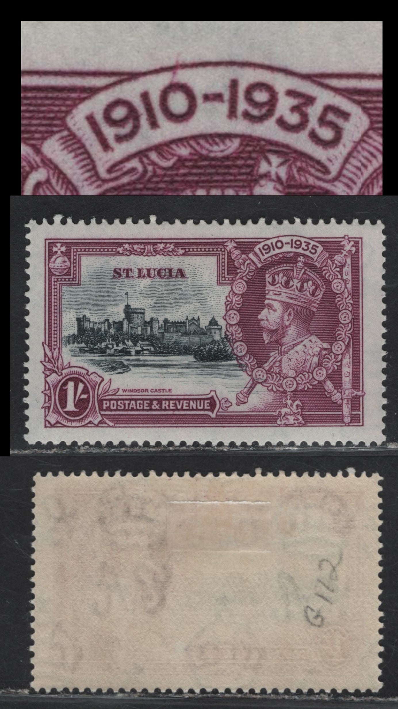 Lot 116 St. Lucia SG#112var 1/- Slate & Bright Purple KGV & Windsor Castle, 1935 Silver Jubilee Issue, A VFOG Single, Showing Diagonal Scratch Through 'O' of 1910, Possibly Constat