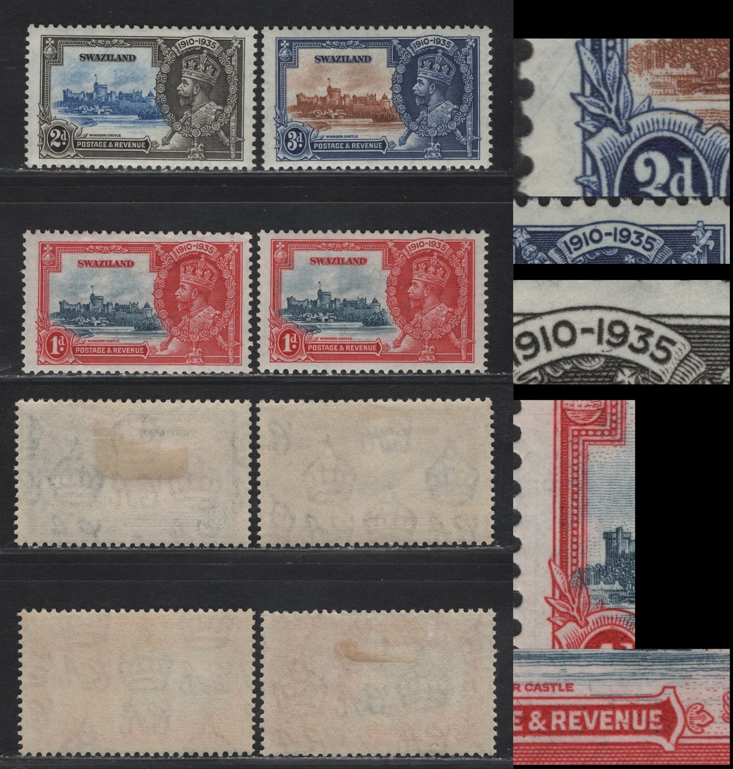 Lot 127 Swaziland SG#21-23 1d - 3d Deep Blue & Scarlet - Brown & Deep Blue KGV & Windsor Castle, 1935 Silver Jubilee Issue, 4 VFOG Singles, Frame & Vignette Plate Varieties, Some of Which Are Most Likely Constant