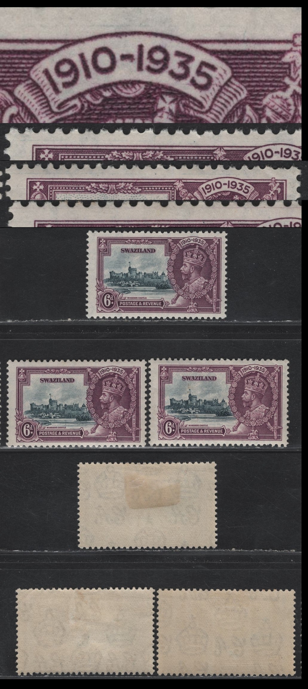 Lot 129 Swaziland SG#24var 6d Slate & Purple KGV & Windsor Castle, 1935 Silver Jubilee Issue, 3 F/VFOG Singles, Alternating Purple & Slate Horizontal Guidelines Through The Upper Margins