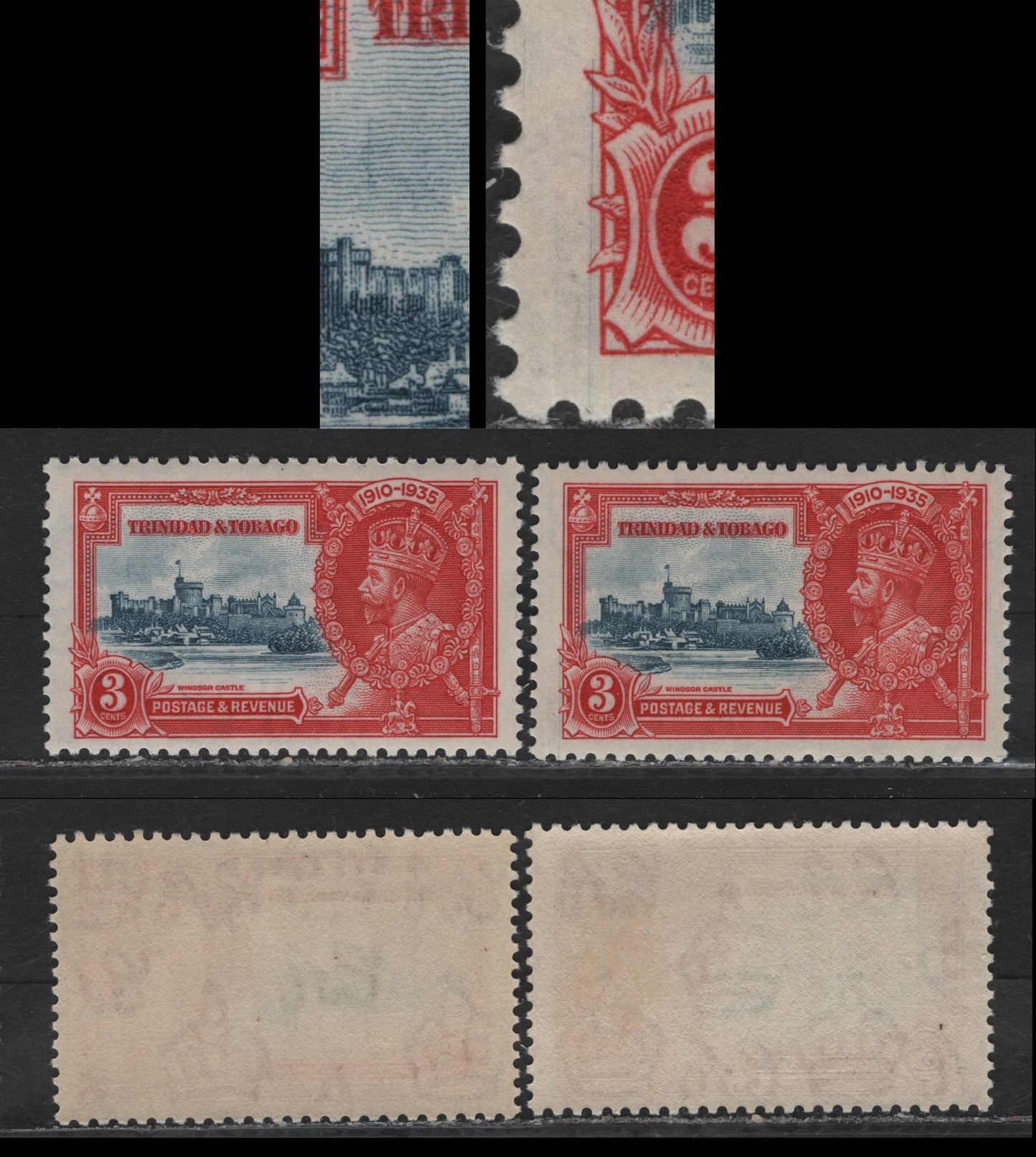 Lot 140 Trinidad & Tobago SG#240var 3c Deep Blue & Scarlet KGV & Windsor Castle, 1935 Silver Jubilee Issue, 2 VFNH Singles, Blue Vertical Plate Crack Scratches In The Design