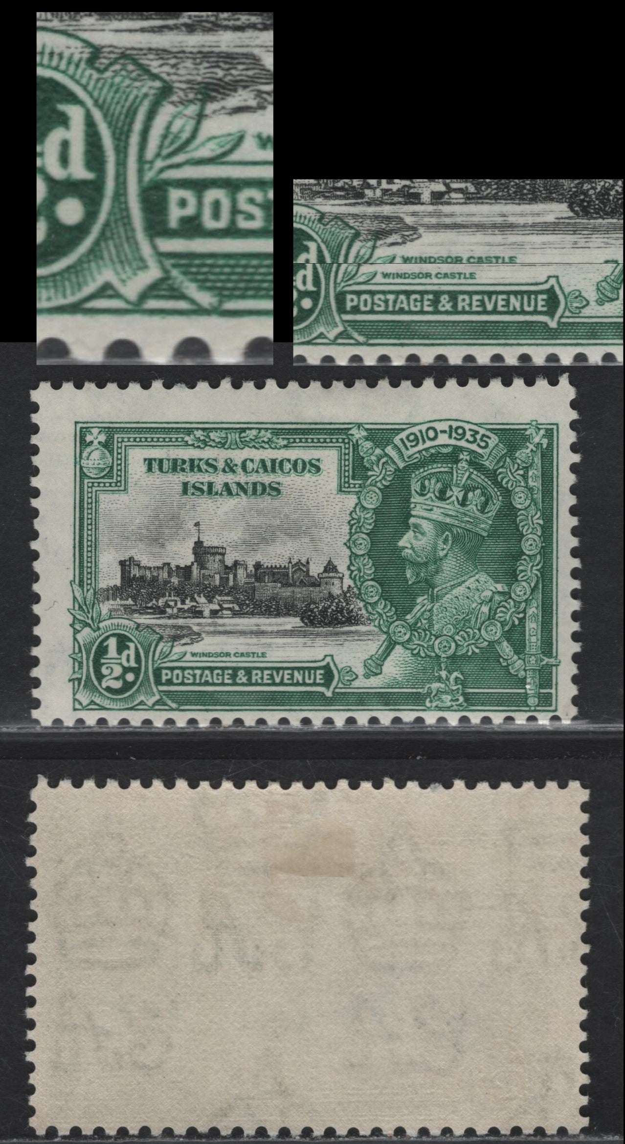 Lot 150 Turks & Caicos SG#187var 1/2d Black & Green KGV & Windsor Castle, 1935 Silver Jubilee Issue, A FOG Single, Major Re-Entry, Showing Doubling Of 'Windsor Castle', 'Postage & Revenue' and Right Edge of Value Tablet Shield