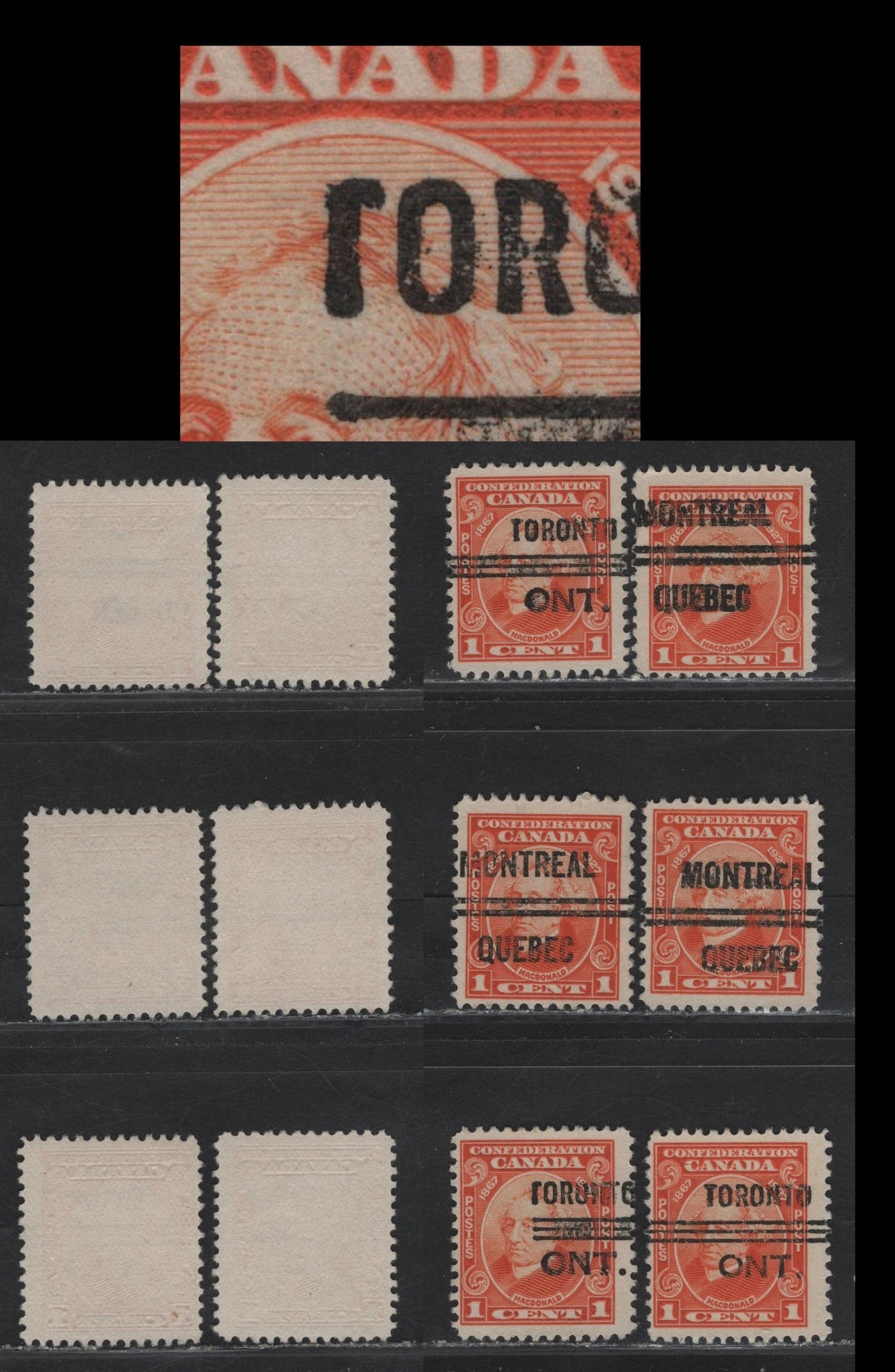 Lot 184 Canada #141xx 1c Orange - Deep Orange Sir John A Macdonald, 1927 60th Anniv of Confederation Issue, 6 Fine Used Precancelled Singles, Papers ABN-CCC & ABN-M, Montreal Style 6 & Toronto Style 12 Precancels, Normal & Broken T.
