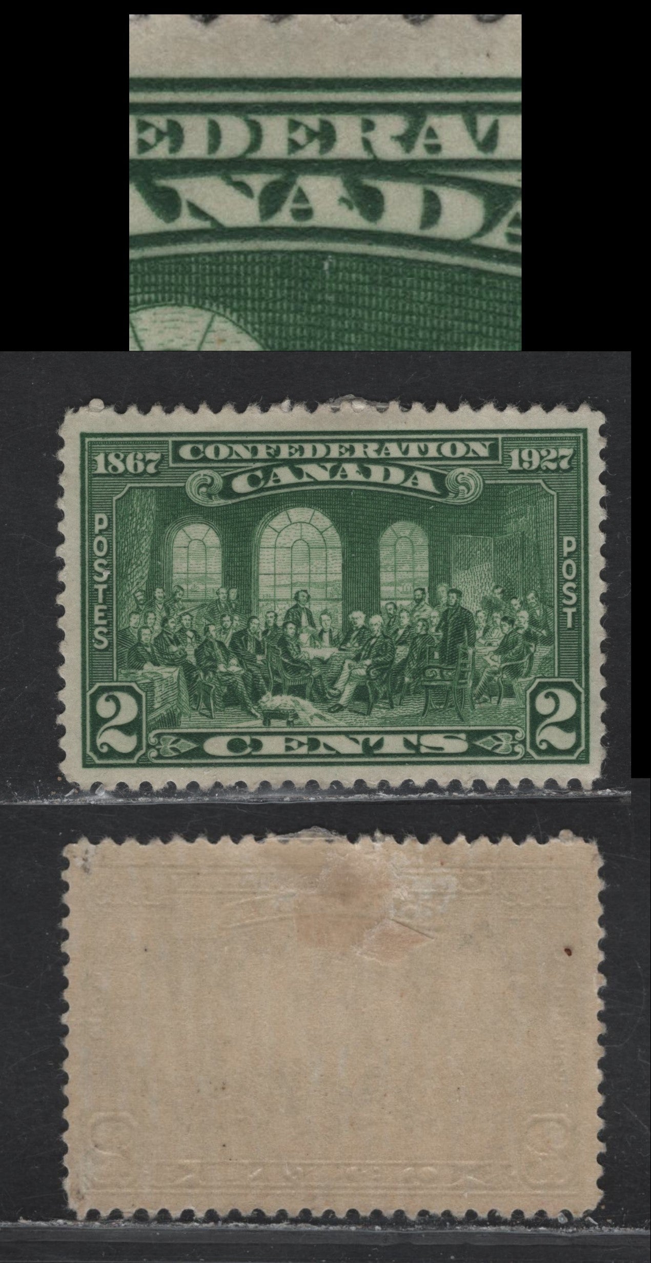 Lot 187 Canada #142var 2c Deep Bright Green Fathers of Confederation, 1927 60th Anniv of Confederation Issue, A VFOG Single Paper ABN-CCC, Showing Arc Inside Second'A' of Canada,, Likely Constant, Unlisted In Unitrade.