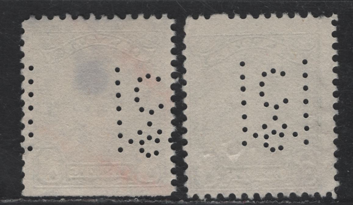 Lot 258 Canada #154var 8c Blue & Dark Blue King George V, 1928-1929 Scroll Issue, 2 Fine Used Singles, Inverted McClary Manufacturing Perfin Inverted