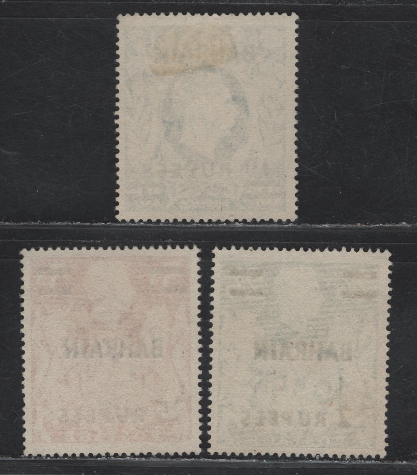 Lot 336 Bahrain SG#59-60a 2r on 2/6 - 10r on 10/- Yellow Green - Ultramarine King George VI & Arms, 1948-1949 KGVI Arms Issue, 3 Very Fine Used Singles