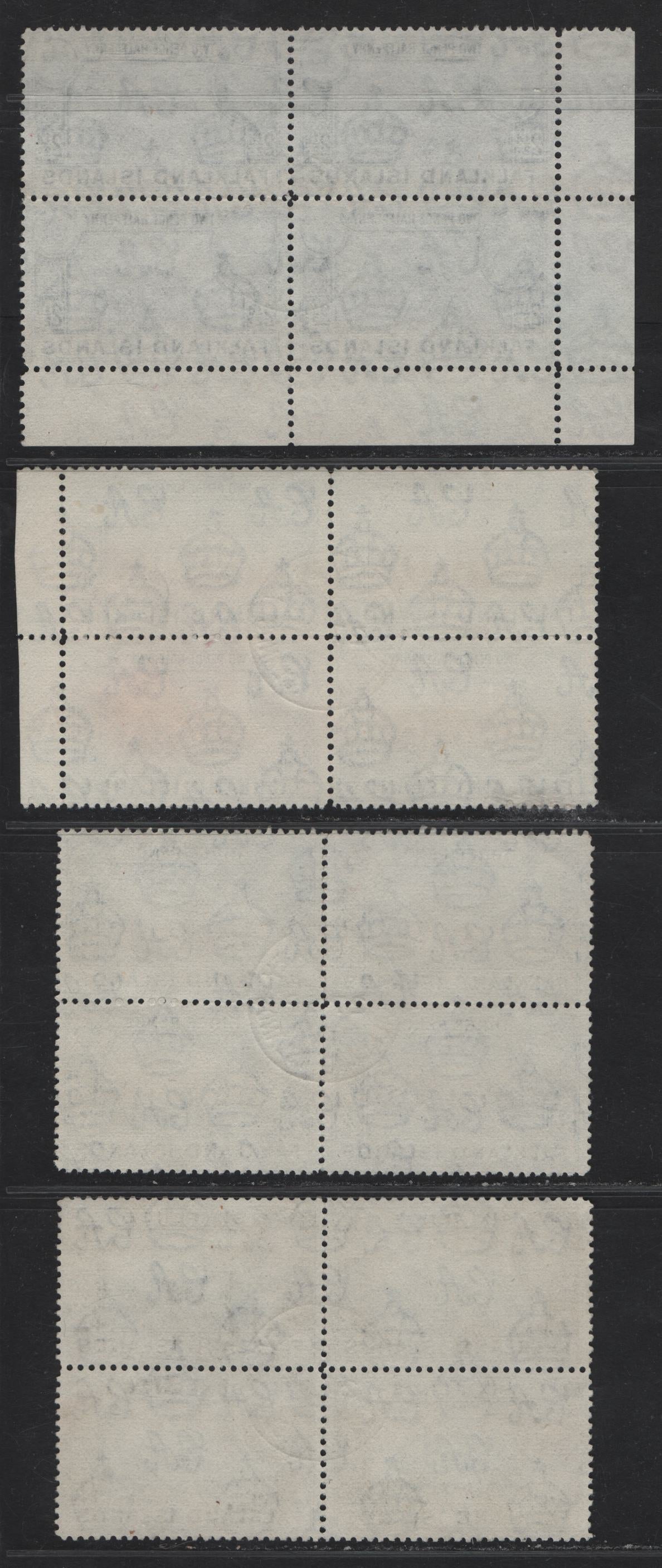 Lot 355 Falkland Islands SG#151-152, 153a, 155 2.5d - 6d Black & Bright Blue - Slate Black & Deep Brown King George VI, 1938-1950 KGVI Pictorial Issue, 4 Fine/Very Fine Used Blocks of 4