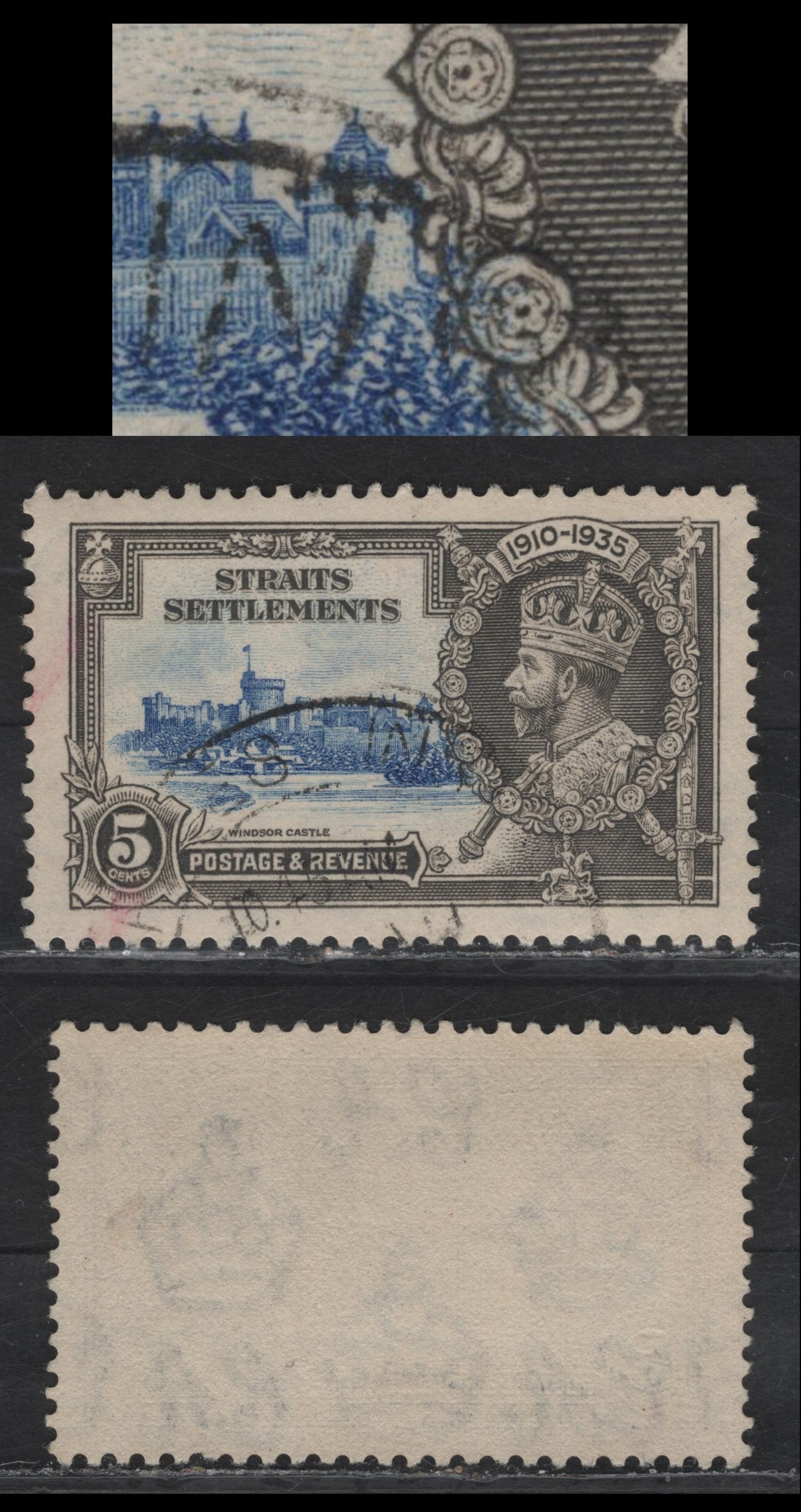 Lot 74 Straits Settlements SG#256var 5c Ultramarine & Gray KGV & Windsor Castle, 1935 Silver Jubilee Issue, A VFOG Single, Showing Significant Rightward Shift Of Vignette, Brushes of Jacob's Meadow Appearing InsideThe Portrait Medallion