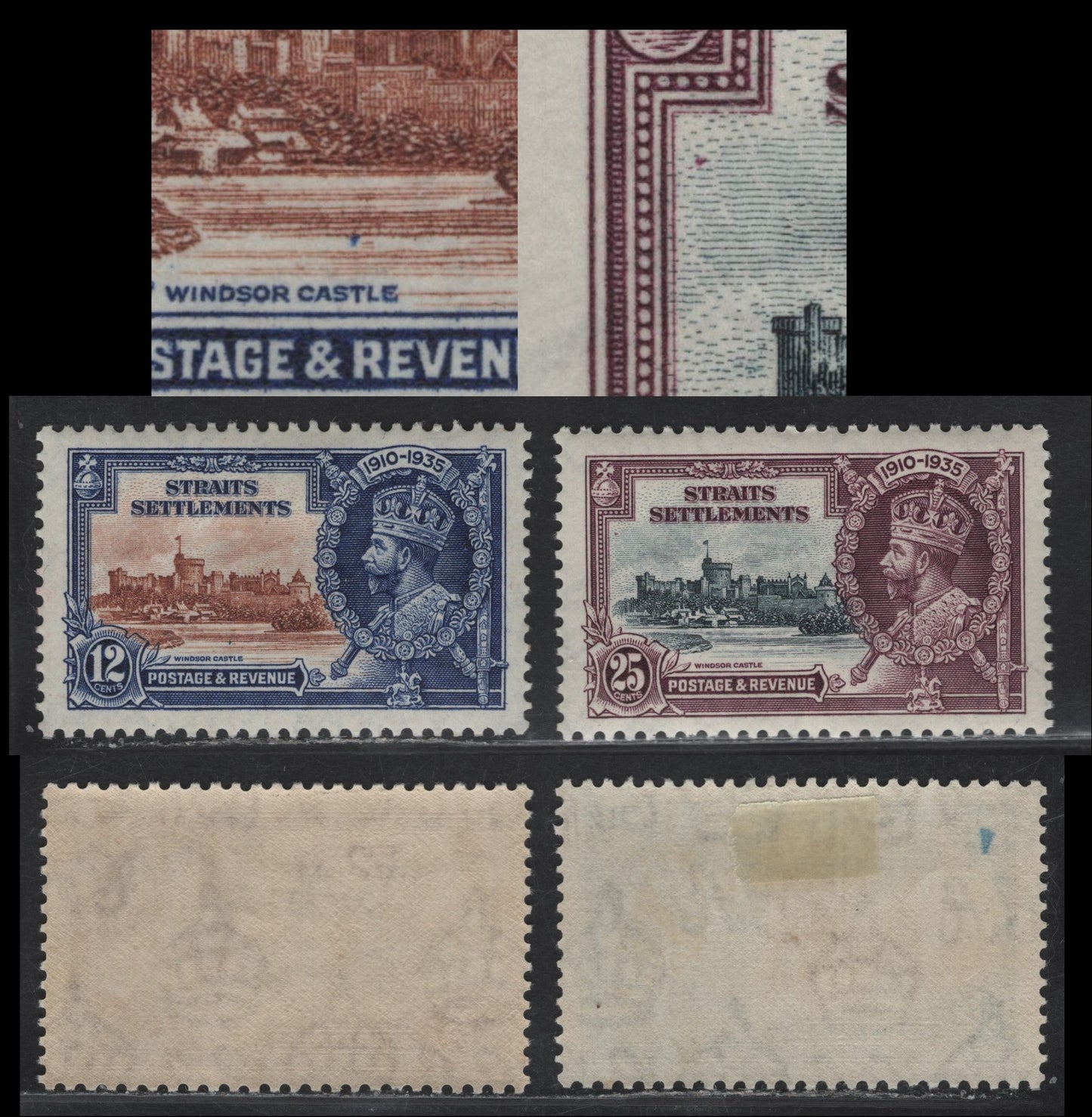 Lot 78 Straits Settlements SG#258-259 12c - 25c Yellow Brown & Deep Blue - Slate & Purple KGV & Windsor Castle, 1935 Silver Jubilee Issue, 2 VFOG Singles, Showing Frame Plate Flaws Which May Be Constant
