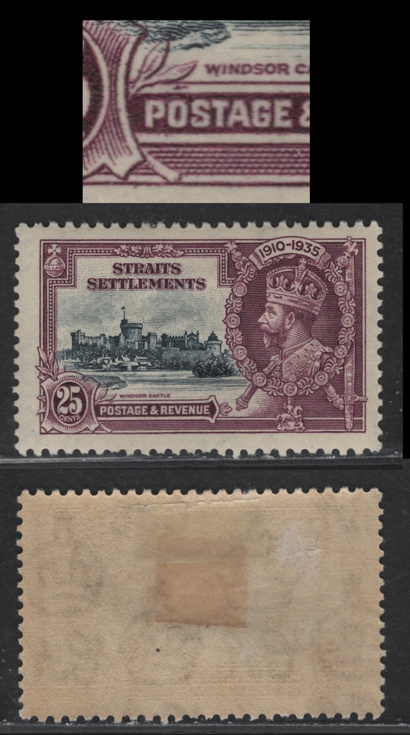 Lot 79 Straits Settlements SG#259var 25c Slate & Purple KGV & Windsor Castle, 1935 Silver Jubilee Issue, A VFOG Single, Thick Line Above 'O' of Postage