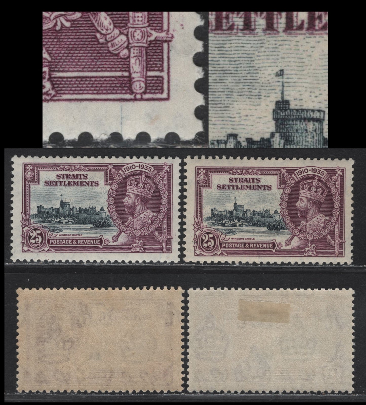 Lot 85 Straits Settlements SG#259var 25c Slate & Purple KGV & Windsor Castle, 1935 Silver Jubilee Issue, 2 VFOG Singles, Vignette Plate Flaws Which May Be Constant