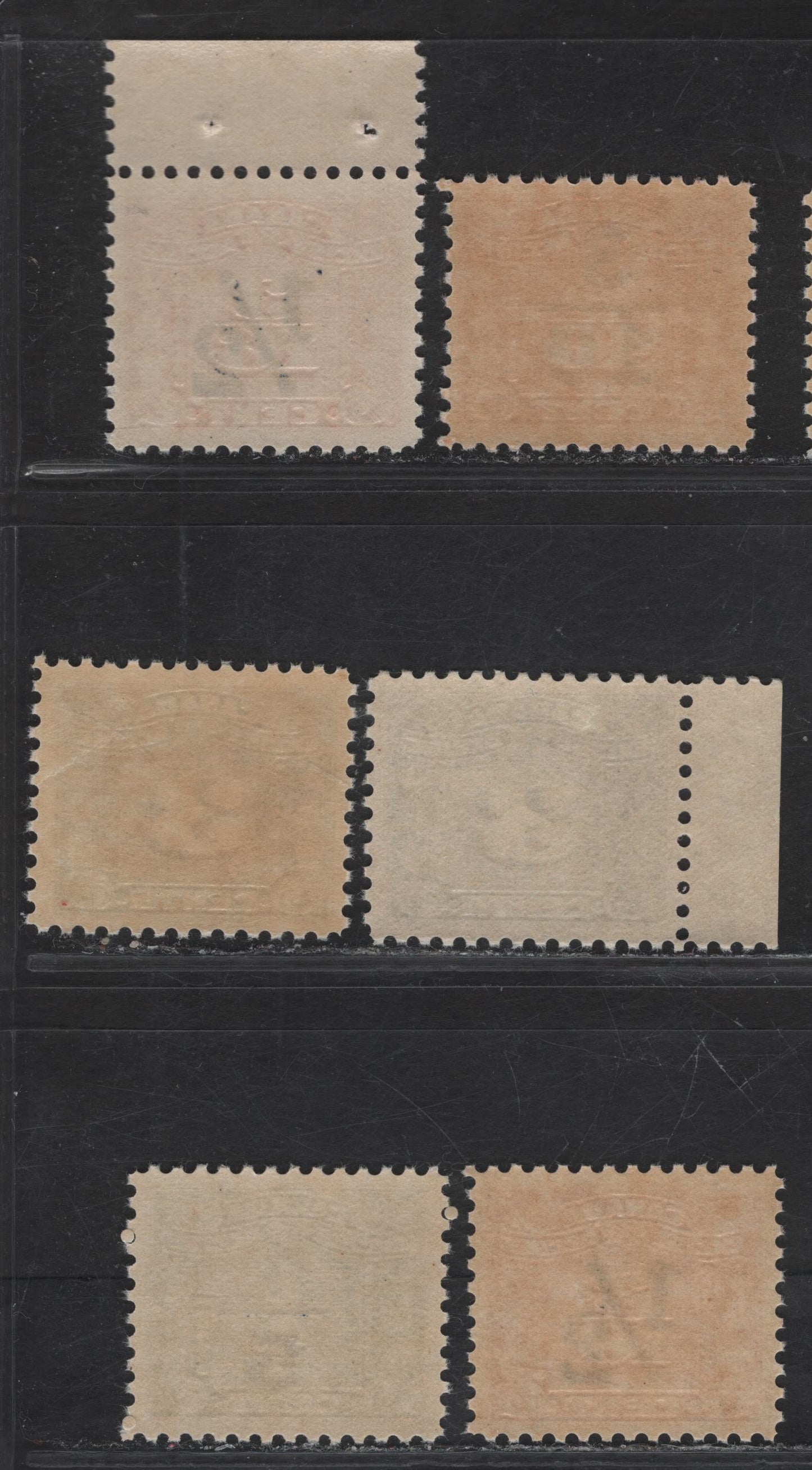 Lot 149 Canada Van Dam#FX64, FX104-FX105, FX108-FX109 3c - 1/2 on 3/10c Light Blue - Red Numeral, 1934-1948 Three Leaf Excise Tax, 5 F/VFNH Singles