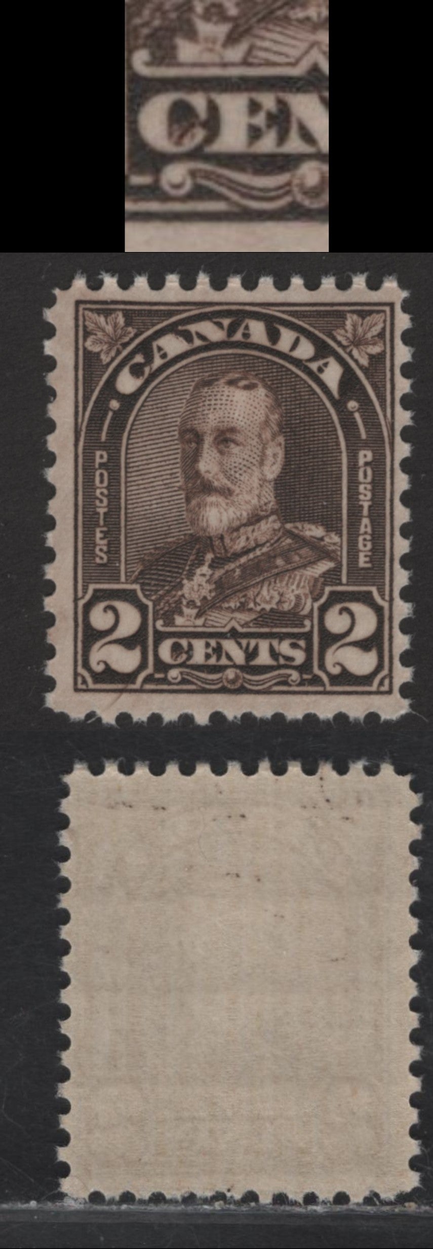 Lot 202 Canada #166bvar 2c Dark Yellowish Brown King George V, 1930-1931 Arch/Leaf Issue, A FNH Single, Die 1, Paper BABN-O, Perf 11.1x10.9, Design Size 18.2x22.2mm, Design Showing Die Flaw Inside C of Cents.