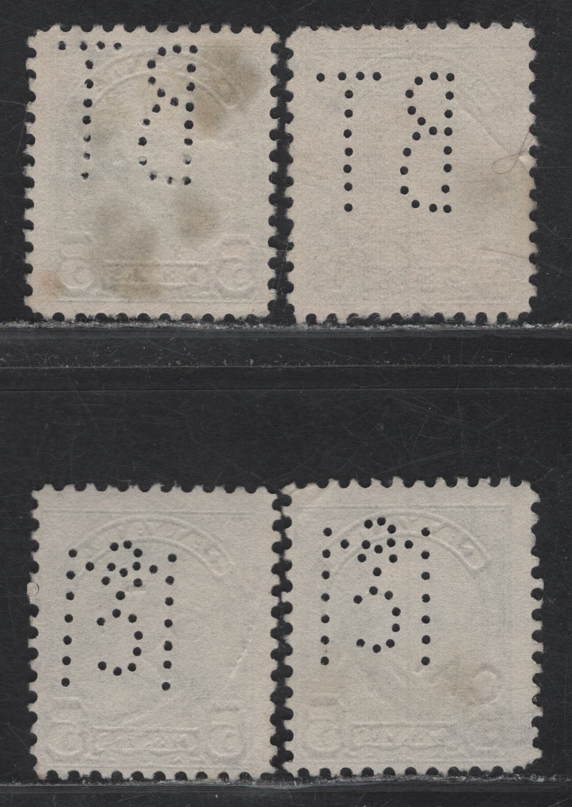 Lot 218 Canada #170 5c Deep Bright Blue - Dull Blue King George V, 1930-1931 Arch/Leaf Issue, 3 Fine Used Singles, Papers BABN-B & BABN-D, Perfs 10.8, 10.8x10.9 & 10.8x10.75, Bell Telephone & McClary Manufacturing Perfins.