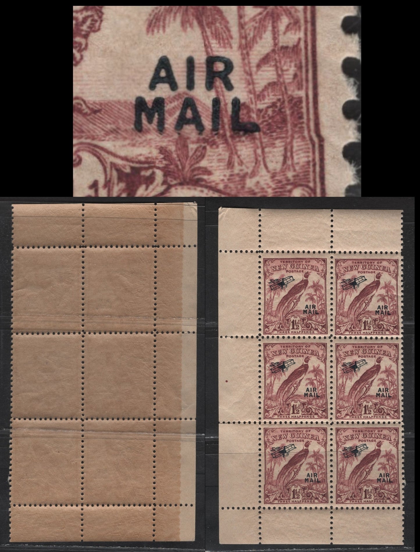 Lot 61E New Guinea (C) SG#192 1.5d Claret Airplane, 1932 Airmail Issue, A VFNH Sheet Margin Block Of 6, Elongated L On All 6 Stamps