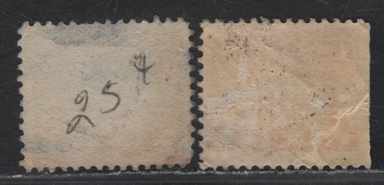 Lot 102 Canada (C) Van Dam#FSX31, FX33 3/4c on 1c - 2.25c on 3c Orange - Green King George V, 1915-1923 KGV Excise Tax Overprinted War Tax Issue, 2 Fine Used Singles, Orange Stamp With Mixed Case